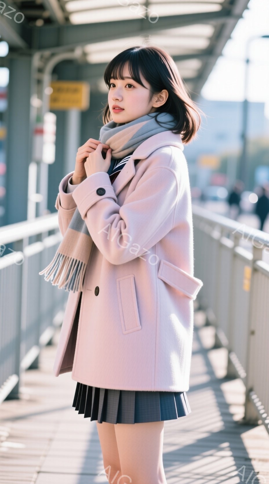 若い女性が、薄いピンク色のコートと黒のプリーツスカートを身に着けて立っています。彼女は灰色と白のストライプのスカーフを巻き、少し微笑んでいます。背景には、明るい日差しが差し込む歩道橋や、ぼんやりと見える建物があり、全体的に穏やかで暖かい雰囲気です。