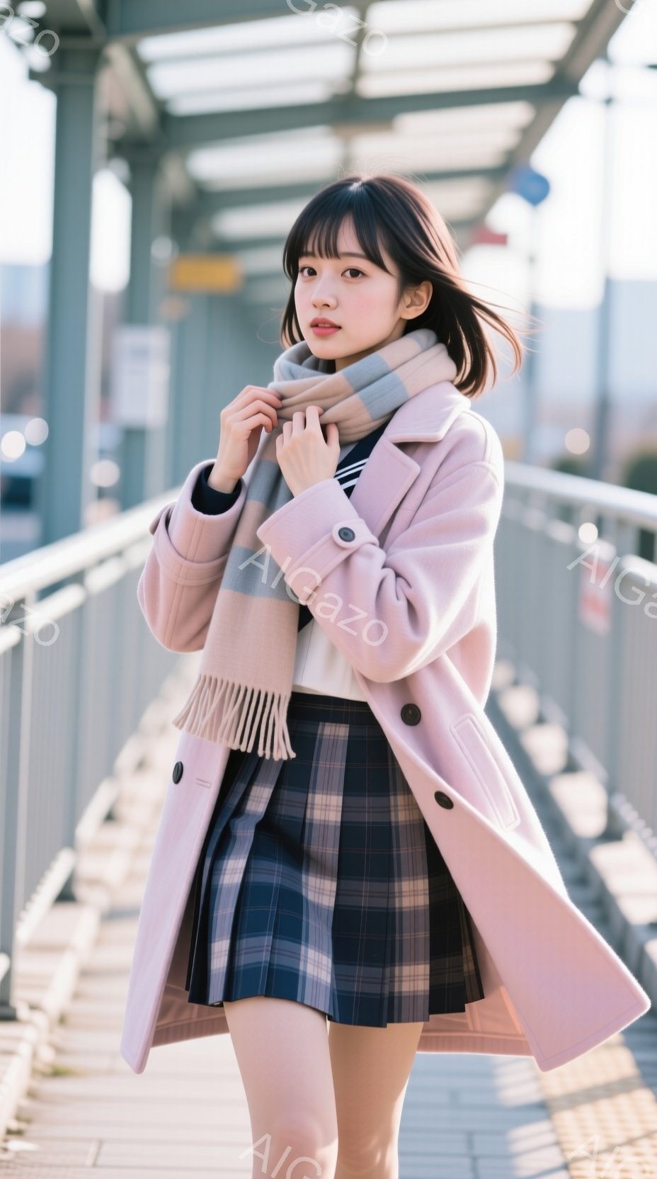 明るいピンク色のコートにチェック柄のスカートを合わせた若い女性が写っています。彼女は肩を少し内側に丸め、片手をコートの襟に当て、穏やかな表情でこちらを見ています。背景には、金属製の橋のような構造物と、 - AI生成フリー素材