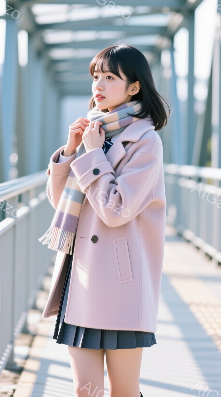 若い女性がピンク色のコートとチェック柄のマフラーを身に着けて立っている。彼女は黒いプリーツスカートを履き、少し微笑んでおり、冬の暖かい日差しが彼女を照らしている。背景は金属製の橋のような構造物で、全体 - AI生成フリー素材