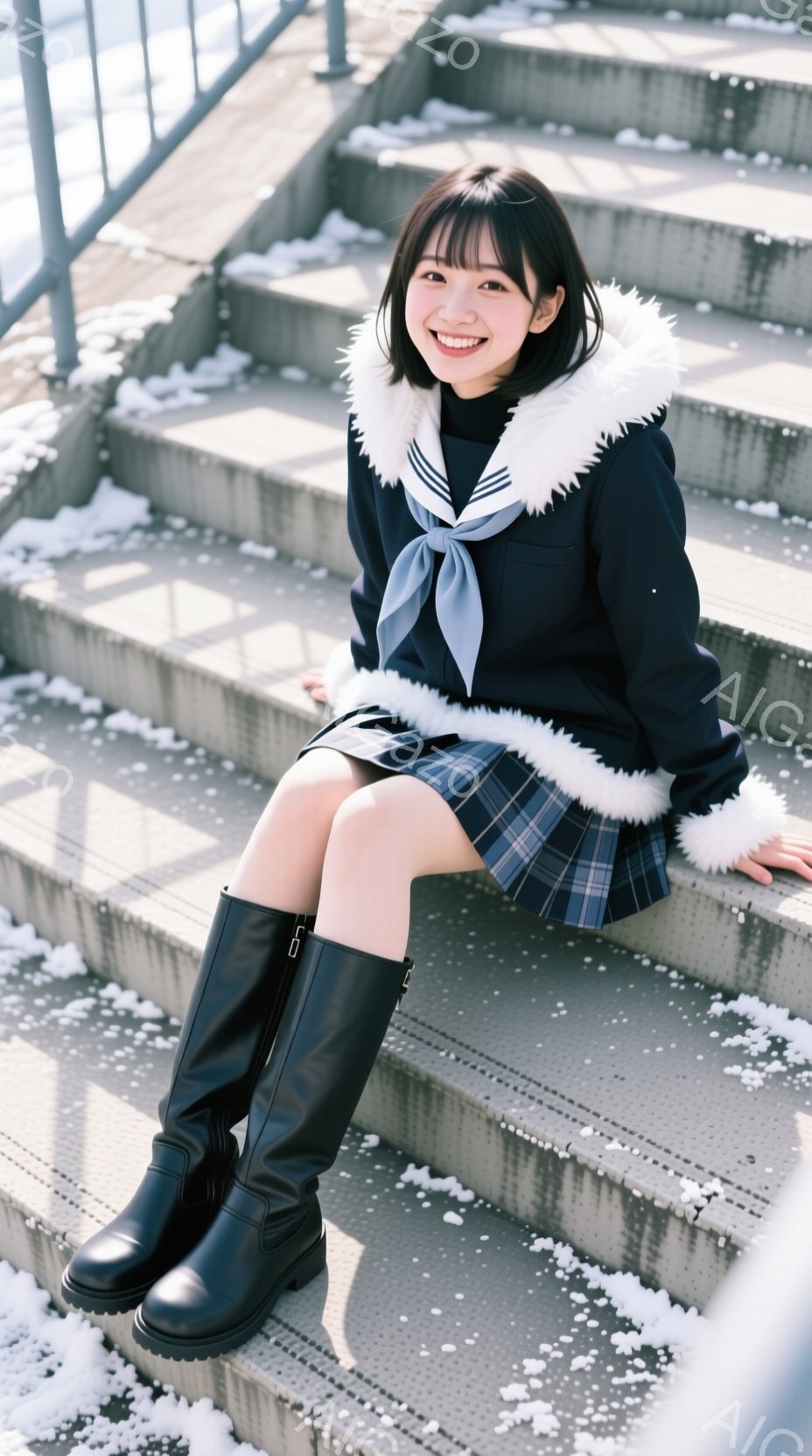 画像には、チェック柄のスカートと白いフリルカラーの付いた紺色のジャケットを着た若い女性が写っています。彼女は黒いロングブーツを履き、コンクリートの階段に座って笑顔でカメラを見ています。背景には、雪が舞 - AI生成フリー素材