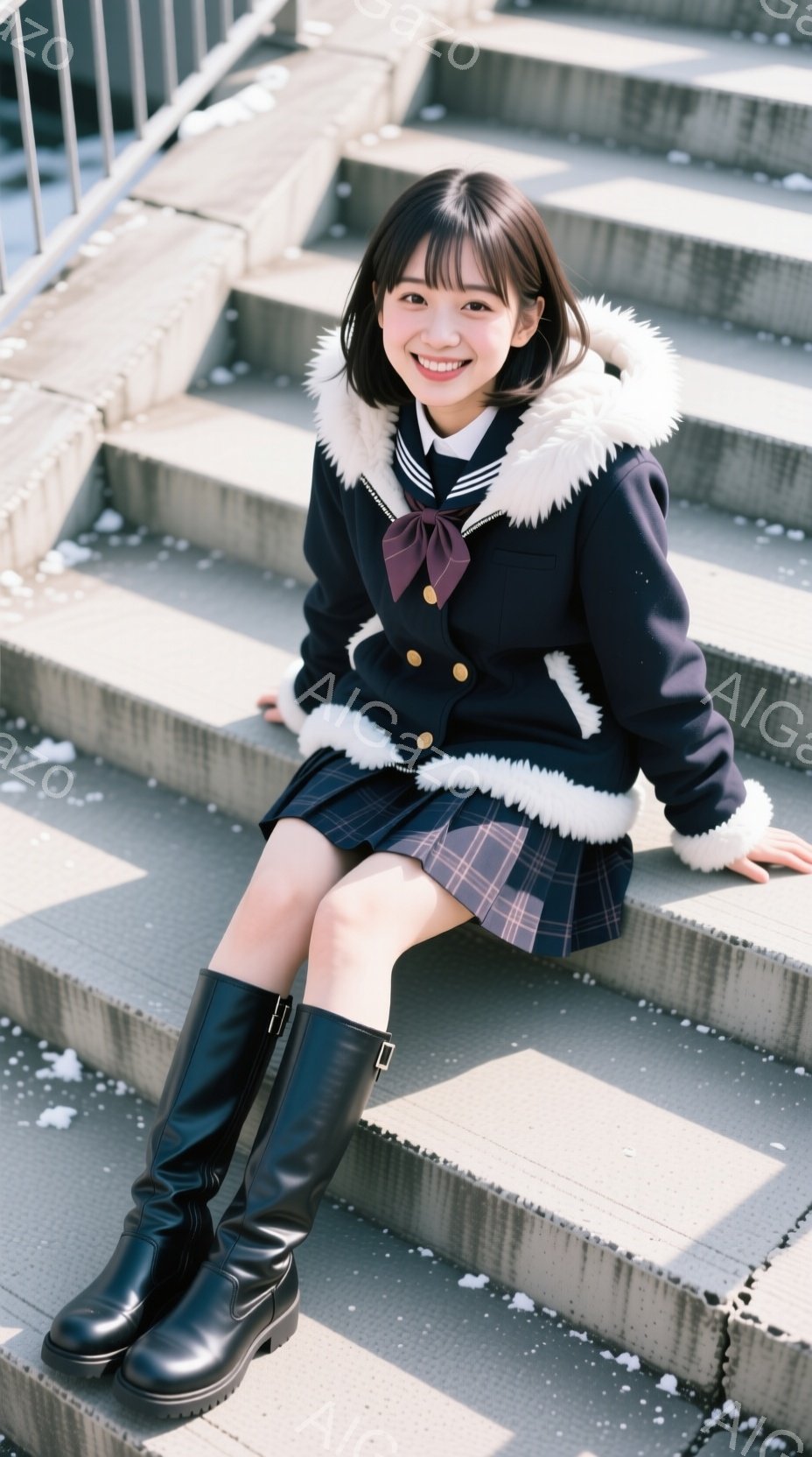制服を着た若い女性がコンクリートの階段に座っています。彼女はチェック柄のスカート、白いフリル付きの襟が特徴の濃い青色のジャケット、そして黒いニーハイブーツを履いています。笑顔で、リラックスしたポーズで - AI生成フリー素材