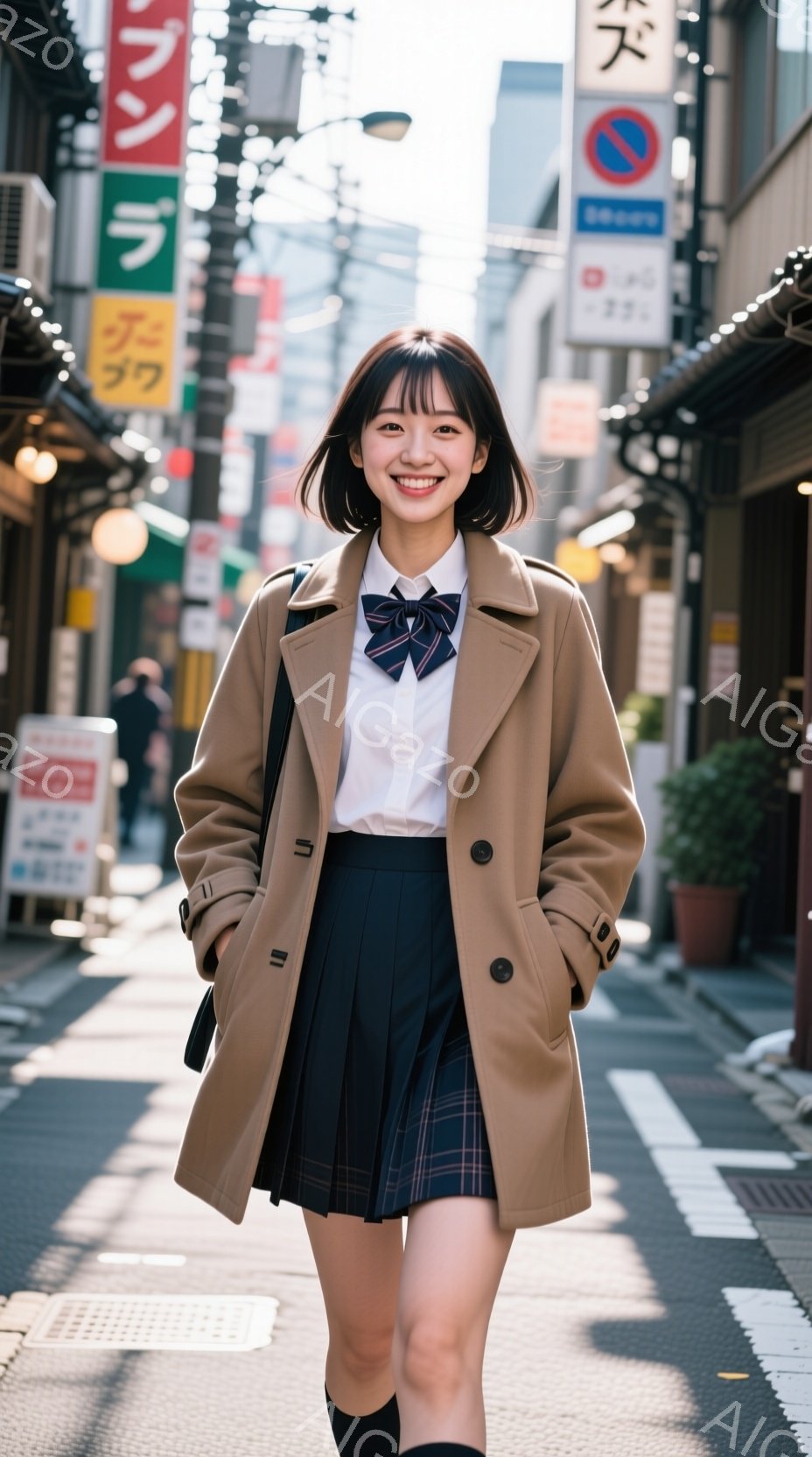 明るい日差しの下、女子高生が制服を着て歩いている。ベージュのトレンチコート、チェックのプリーツスカート、白いシャツにネイビーのリボンが組み合わさり、上品な印象を与えている。背景には商店街の建物や電柱が見え、日常的な風景の中に彼女の笑顔が光る。