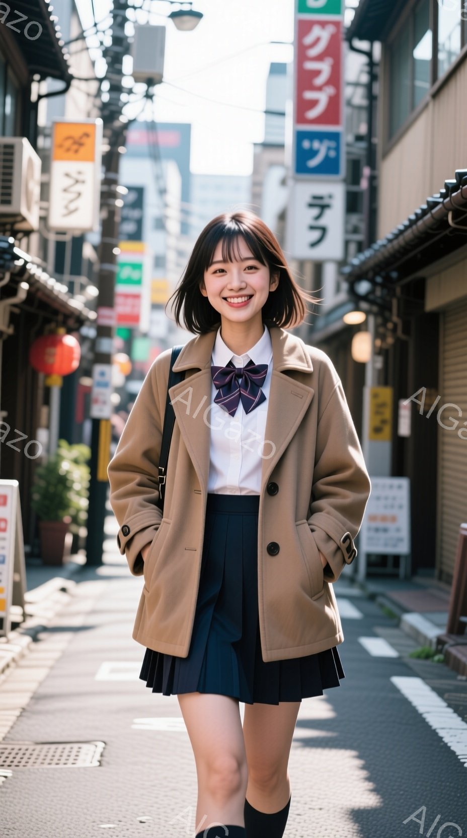 明るい笑顔の若い女性が、茶色のコート、白いシャツ、濃い青色のプリーツスカート、黒い膝下ソックスを身につけて立っている。彼女は少し前かがみになり、両手をポケットに入れている。背景には、日本の街並み、商店、看板、そして日差しが差し込む路地が写っており、全体的に活気があり、暖かさを感じさせる雰囲気である。
