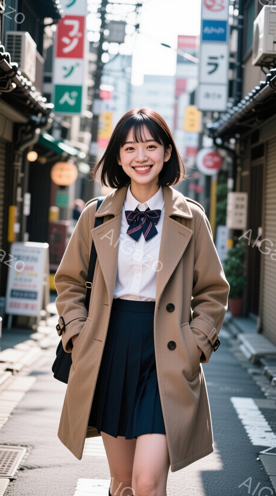 若い女性が、ベージュ色のトレンチコートと紺色のプリーツスカート、白いシャツとネクタイ姿で、石畳の道の中央を歩いている。彼女は微笑んでおり、その表情は明るく、前向きな印象を与える。背景には、様々な看板が並ぶ商店街と、日差しが差し込む晴天が広がっている。