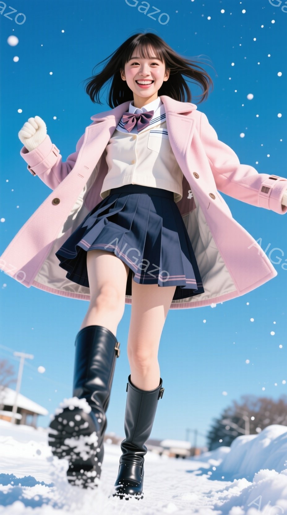 雪景色の中、制服を着た少女がジャンプしている。ピンク色のコートとプリーツスカート、そして黒いロングブーツが印象的で、笑顔がとても明るい。背景には雪に覆われた建物や木々が見え、晴天の下、冬の活気あふれる - AI生成フリー素材