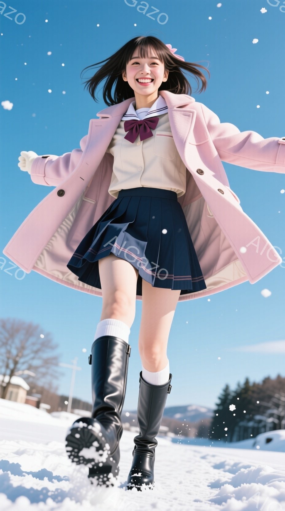 雪景色の中、若い女性がジャンプしている写真です。彼女は白いシャツにネイビーのプリーツスカート、ピンクのコート、黒いロングブーツを着用し、髪を後ろで束ねています。背景には雪に覆われた平原と遠くの山々が見え、冬の明るく楽しい雰囲気が漂っています。