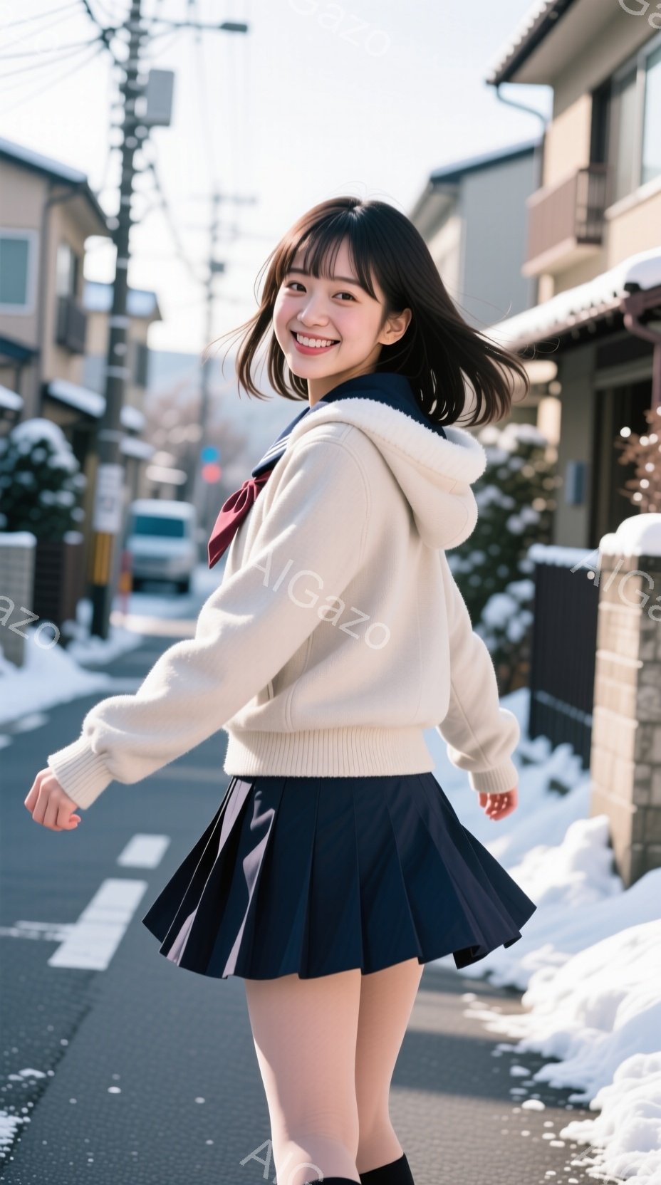 制服を着た若い女性が、道路の真ん中で微笑みながらこちらを見ている。白いセーターにネイビーのプリーツスカート、黒いニーハイソックスを着用し、髪は肩までの長さで、前髪が流れている。背景には住宅街が広がり、雪が積もり、冬の晴れた日の穏やかな雰囲気が漂っている。