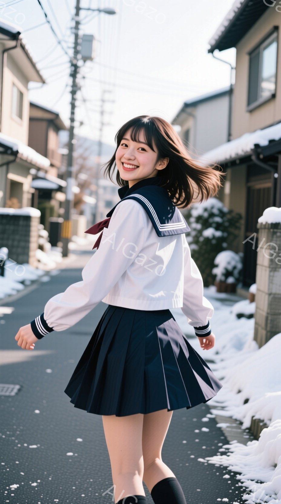 制服を着た若い女性が、雪の積もった通りを笑顔で歩いている。彼女は濃い紺色のプリーツスカート、白い長袖シャツ、赤いリボンタイを身につけ、黒い靴下を履いている。背景には木造の建物が並び、晴れた冬空の下、雪景色が広がっている。