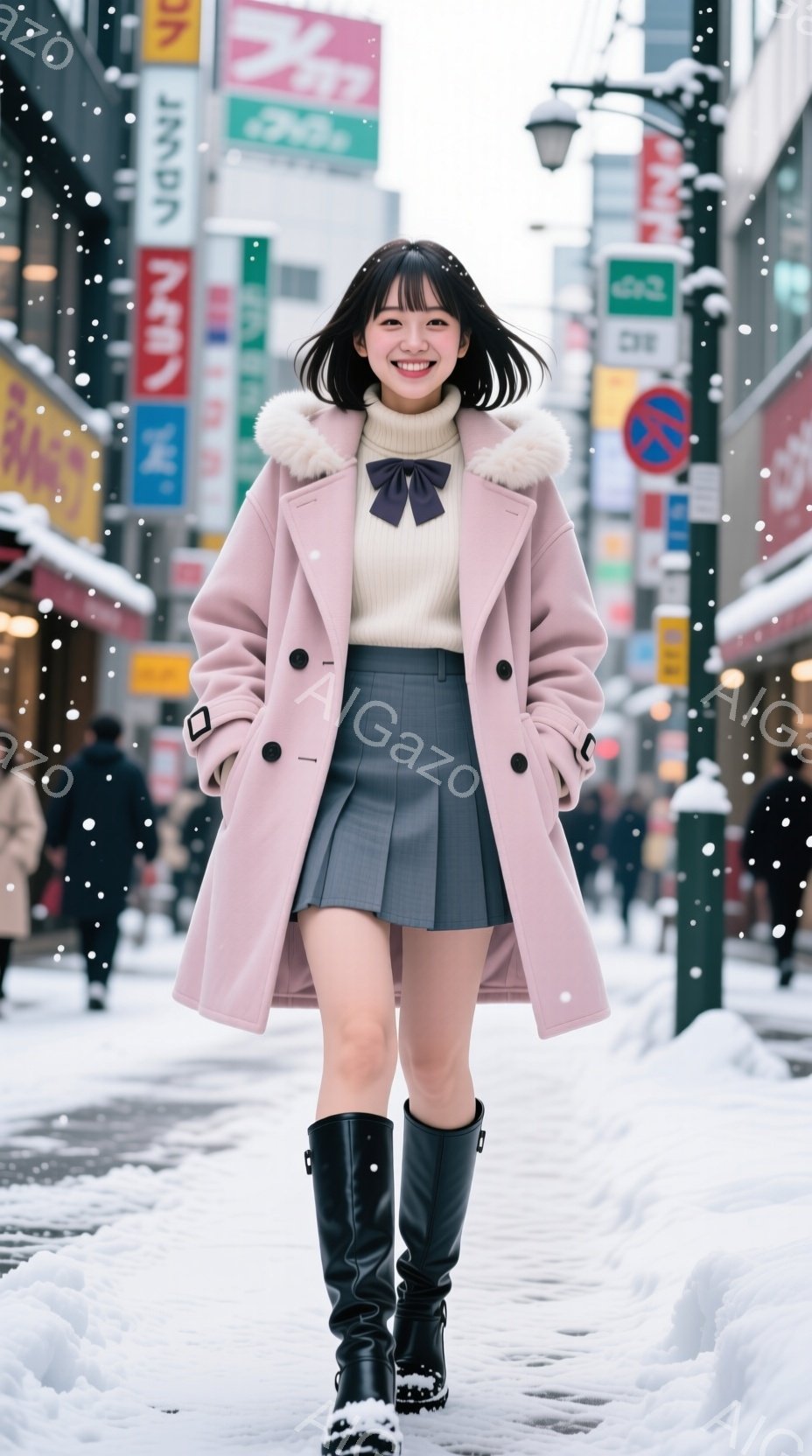 若い女性が雪の降る街をまっすぐカメラに向かって歩いてきている。彼女はピンク色のコート、黒いミニスカート、黒いニーハイブーツを身に着け、白いセーターにリボンをつけている。背景には、看板や信号機が見え、雪 - AI生成フリー素材