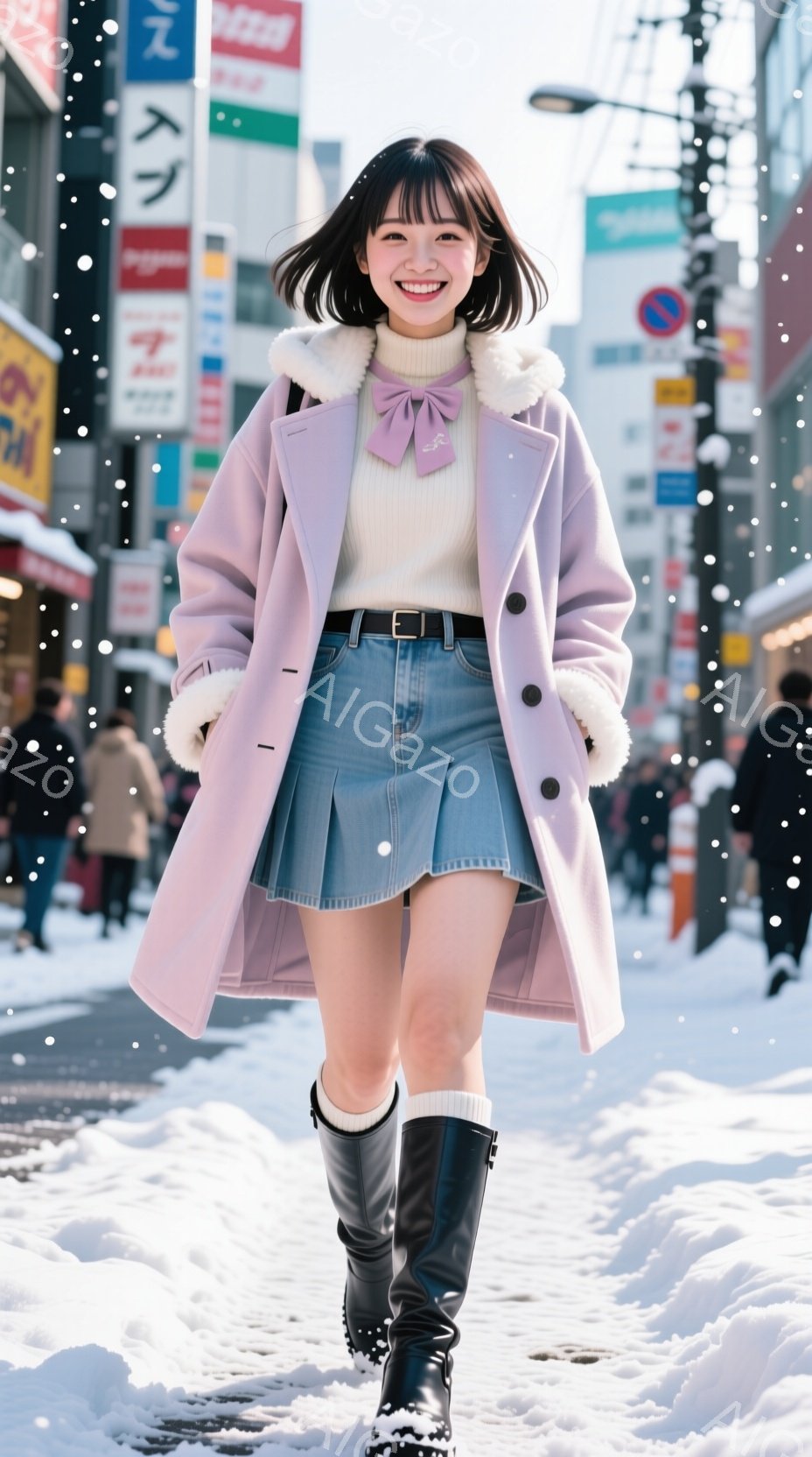 画像には、ピンク色のコートを着た若い女性が写っています。彼女はデニムのスカートと黒いブーツを履き、明るい笑顔を浮かべてカメラの方を見ています。背景には、雪が積もった街並みと様々な看板が見え、冬の晴れた - AI生成フリー素材