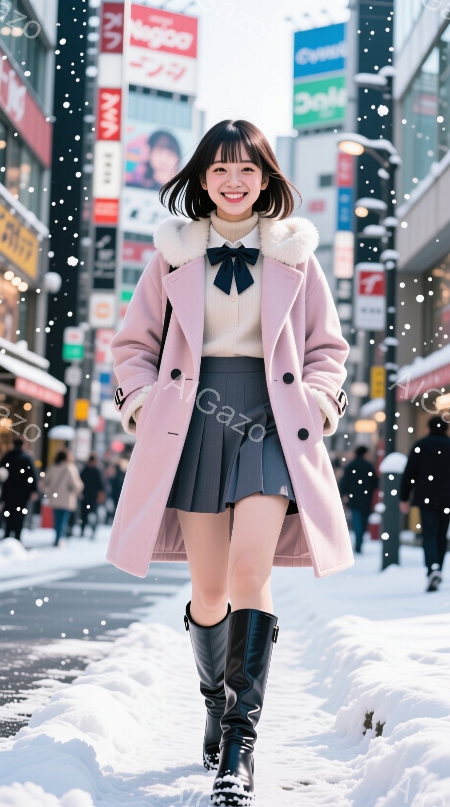 若い女性が雪の降る街路を歩いています。ピンク色のファー付きのコート、白いセーター、黒いミニスカート、黒いブーツを着用し、黒いリボンで首元を飾っています。背景には商業ビルや店が立ち並び、雪が降り積もって - AI生成フリー素材