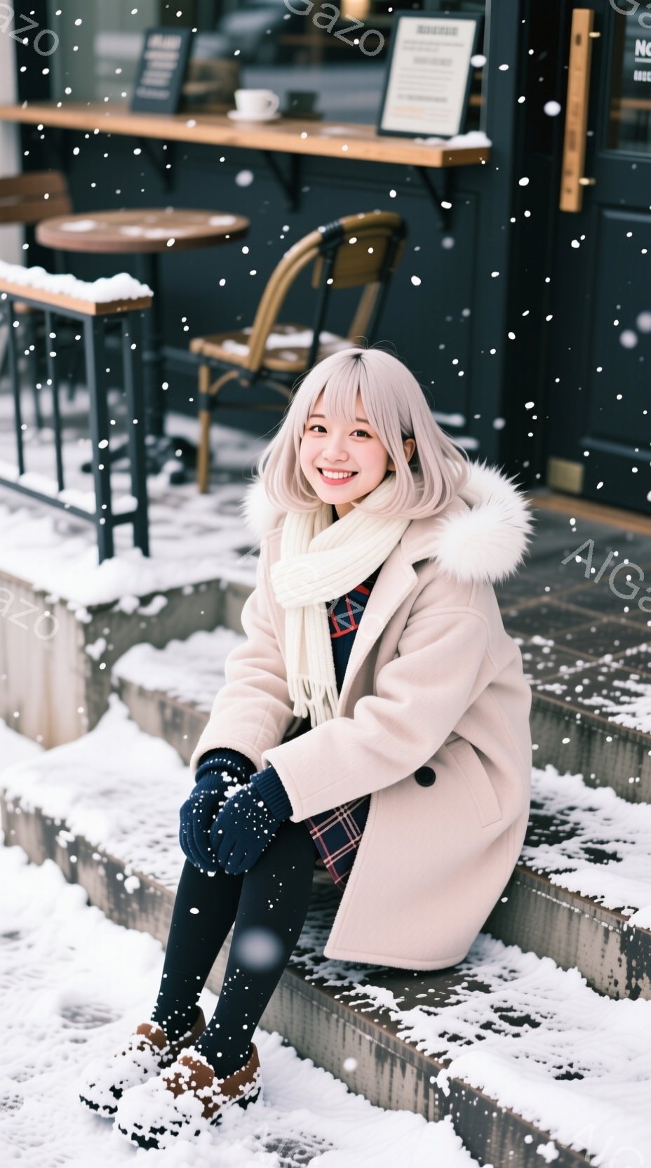 画像には、雪が降る中に座っている若い女性が写っています。彼女はクリーム色のファー付きコート、チェック柄のスカート、厚手のタイツ、そして茶色の靴を着用し、手には黒い手袋をはめています。彼女は笑顔でカメラを見つめ、冬の穏やかで心地よい雰囲気を醸し出しています。
