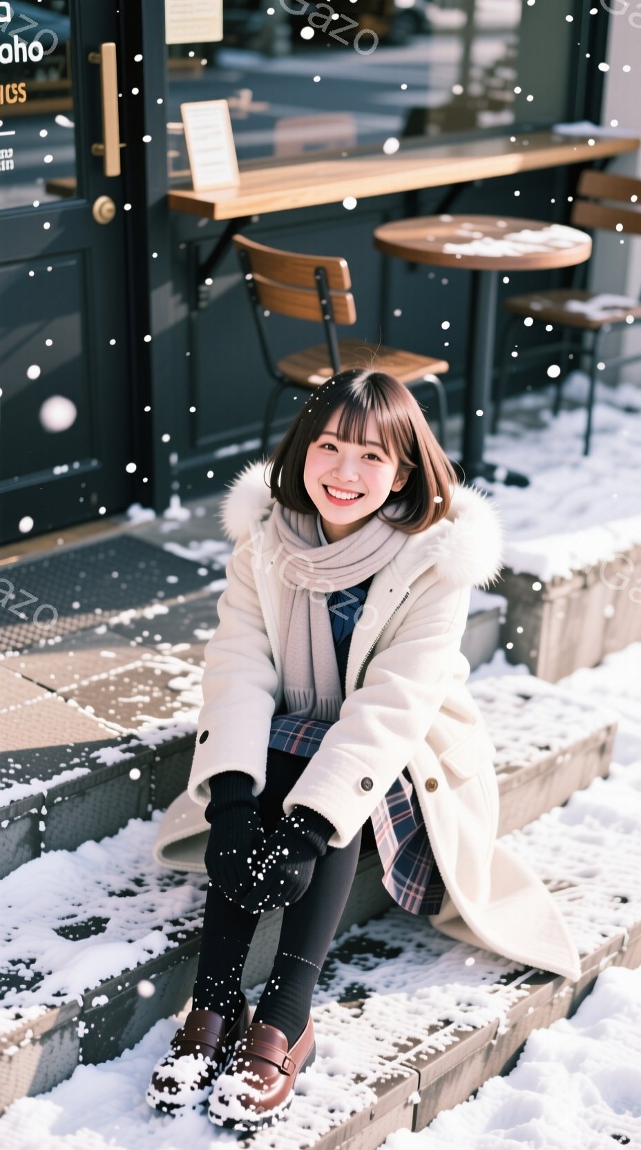 画像には、雪が降る中で階段に座っている若い女性が写っています。彼女は白いフード付きのコート、チェック柄のスカート、黒いタイツ、茶色の靴を身に着け、笑顔でカメラを見ています。背景にはカフェの窓とテーブル、そして降り積もる雪が見え、冬の穏やかな雰囲気を醸し出しています。