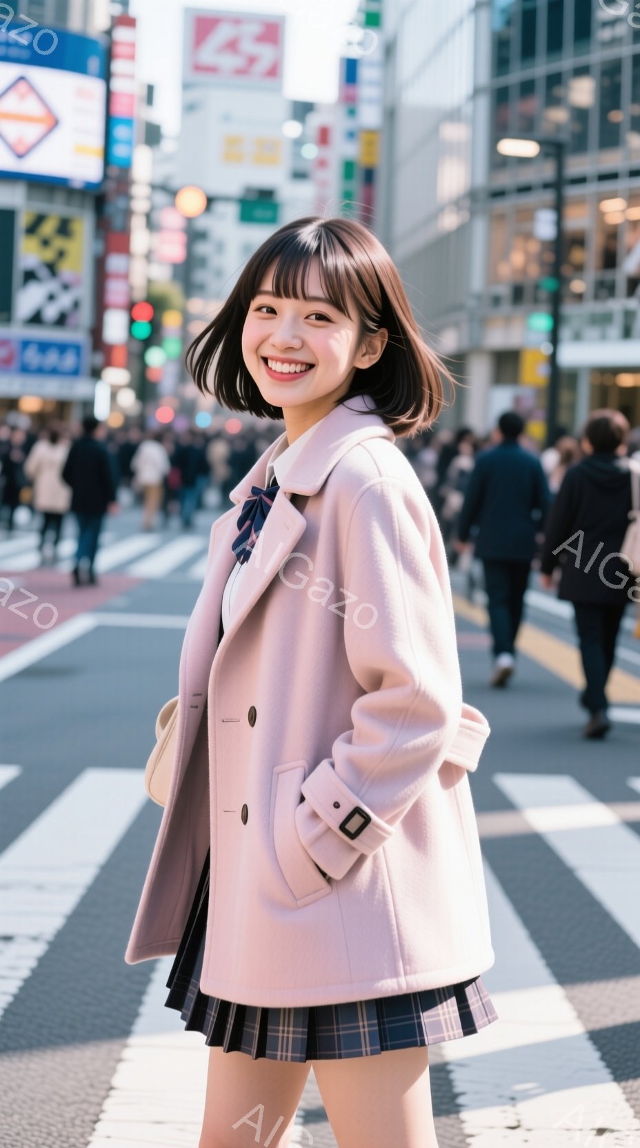 若い女性が横断歩道で微笑んでいます。ピンク色のコートにチェック柄のスカート、そして可愛らしいヘアスタイルで、全体的に明るく元気な印象です。背景には高層ビルや多くの歩行者が見え、賑やかな都会の風景が広が - AI生成フリー素材
