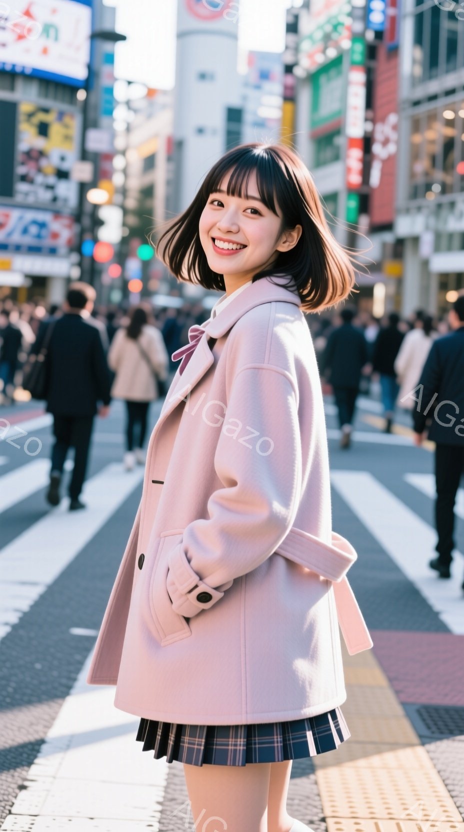 若い女性がピンク色のコートとチェック柄のスカートを着て、横を向いて微笑んでいます。彼女は肩までの長さの茶色の髪をしており、表情は明るく、活気に満ちています。背景には賑やかな街並みと、多くの歩行者が写っ - AI生成フリー素材