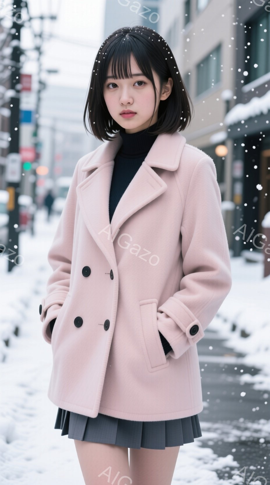 短い黒髪の女性が、ピンク色のコートとグレーのプリーツスカートを身に着けて立っている。彼女は無表情でカメラを見つめ、両手をコートのポケットに入れている。背景は雪が降る街並みで、建物や道路がぼやけて見える。