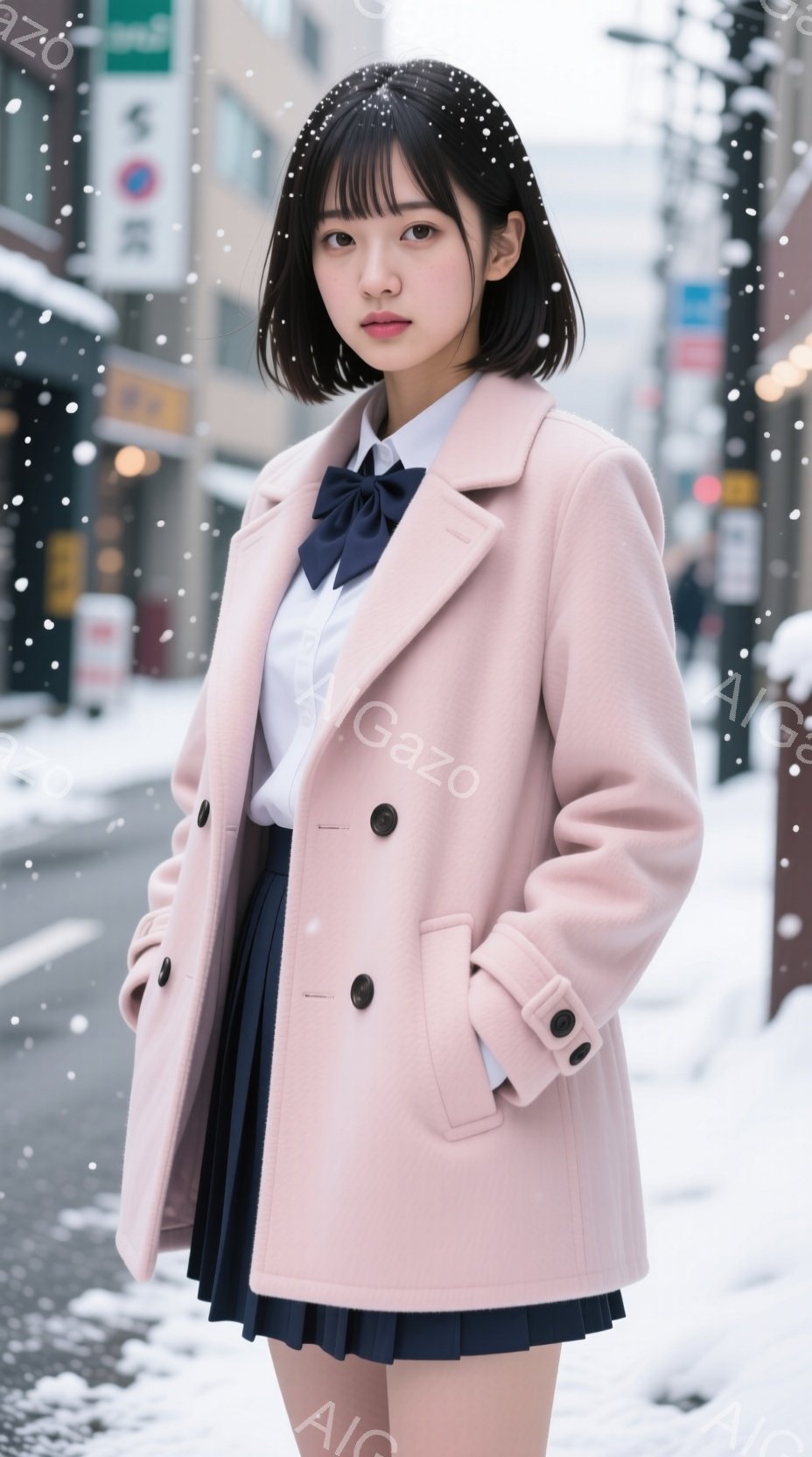 若い女性がピンク色のコートと紺色のプリーツスカート、白いシャツに黒いリボンをつけて立っています。彼女は黒髪のショートボブで、少し微笑んでおり、雪が降る街並みを背景にしています。 道路には雪が積もり、遠 - AI生成フリー素材
