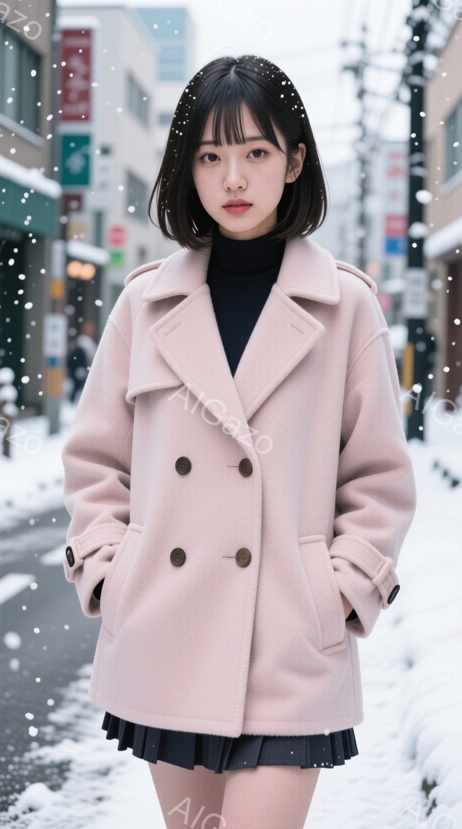 浅いピンク色のダブルブレストのコートを着た若い女性が写っています。彼女は黒いタートルネックセーターと黒いプリーツスカートを着用し、前髪を伸ばしたダークブラウンのヘアスタイルです。背景は雪が降る街並みで、建物と道路がぼやけており、全体的に冬の穏やかな雰囲気を醸し出しています。