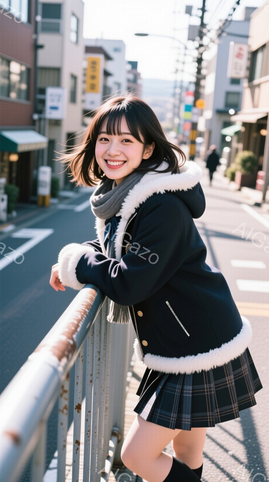 黒いファー付きのジャケットとチェック柄のスカートを着用した若い女性が、金属製の柵にもたれて笑顔でこちらを見ている。彼女は茶色の髪を肩まで切り揃え、明るい表情で、晴れた日の街並みが背景に見える。背景には - AI生成フリー素材