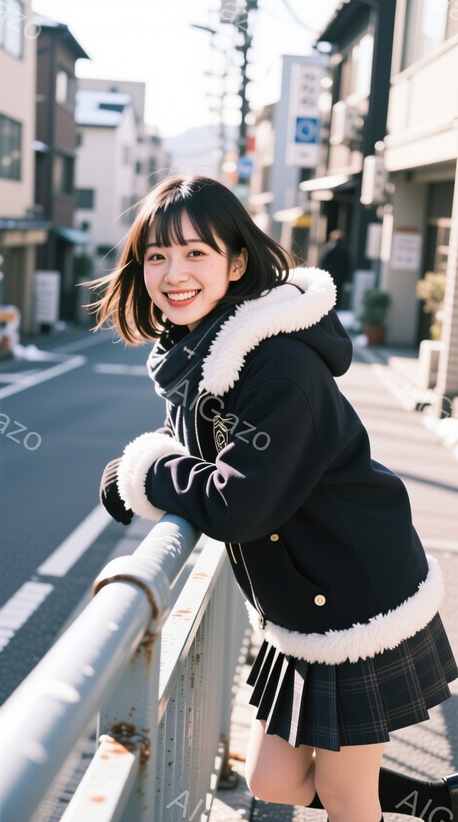 画像には、チェック柄のスカートとファー付きの黒いジャケットを着た若い女性が写っています。彼女は金属製の柵に寄りかかり、笑顔でカメラを見ており、髪は肩までの長さで、前髪が特徴的です。背景には、建物や道路が写っており、晴天の下、都市部の穏やかな雰囲気が漂っています。