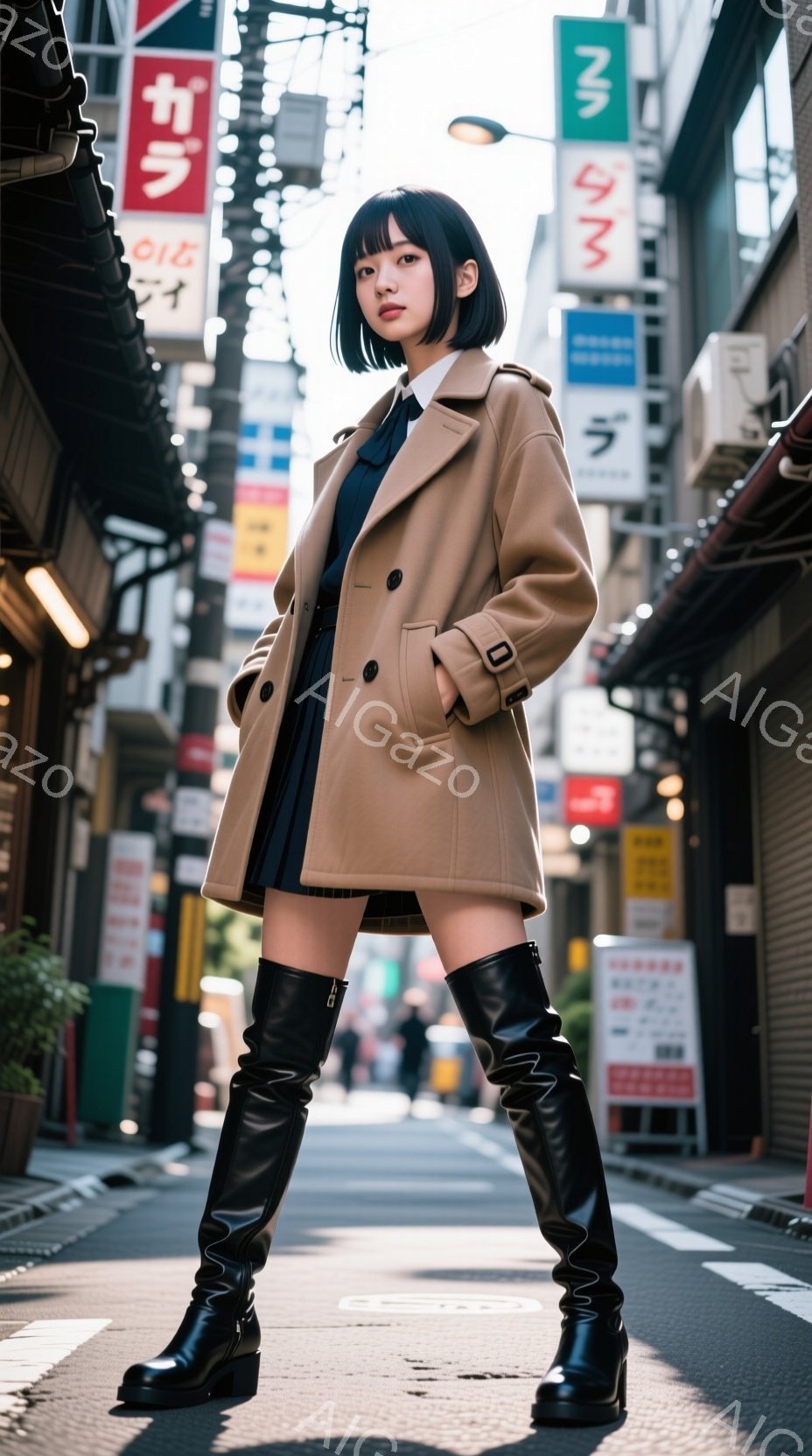 若い女性が、ベージュ色のオーバーコートと黒いミニスカート、黒いロングブーツを身に着けて、狭い路地に立っている。彼女は髪を前髪を下ろしたボブスタイルに整え、少し眉間にしわを寄せ、カメラを見つめている。背景には、看板や商店が並ぶ都市の風景が広がり、日差しが差し込んでいる様子から、晴れた日の昼間であることがわかる。