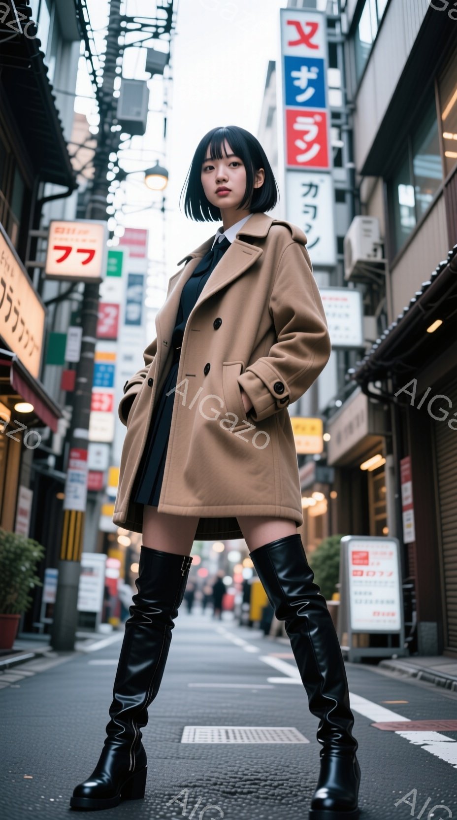 若い女性が、ベージュ色のオーバーコートと黒のミニスカート、膝丈の黒いブーツを着用して、狭い路地に立っている。彼女は前を向き、わずかに微笑んでおり、髪は短くストレートで、前髪は目に少しかかっている。背景には、多くの看板や店舗が並び、路面は濡れており、やや曇った日の雰囲気である。
