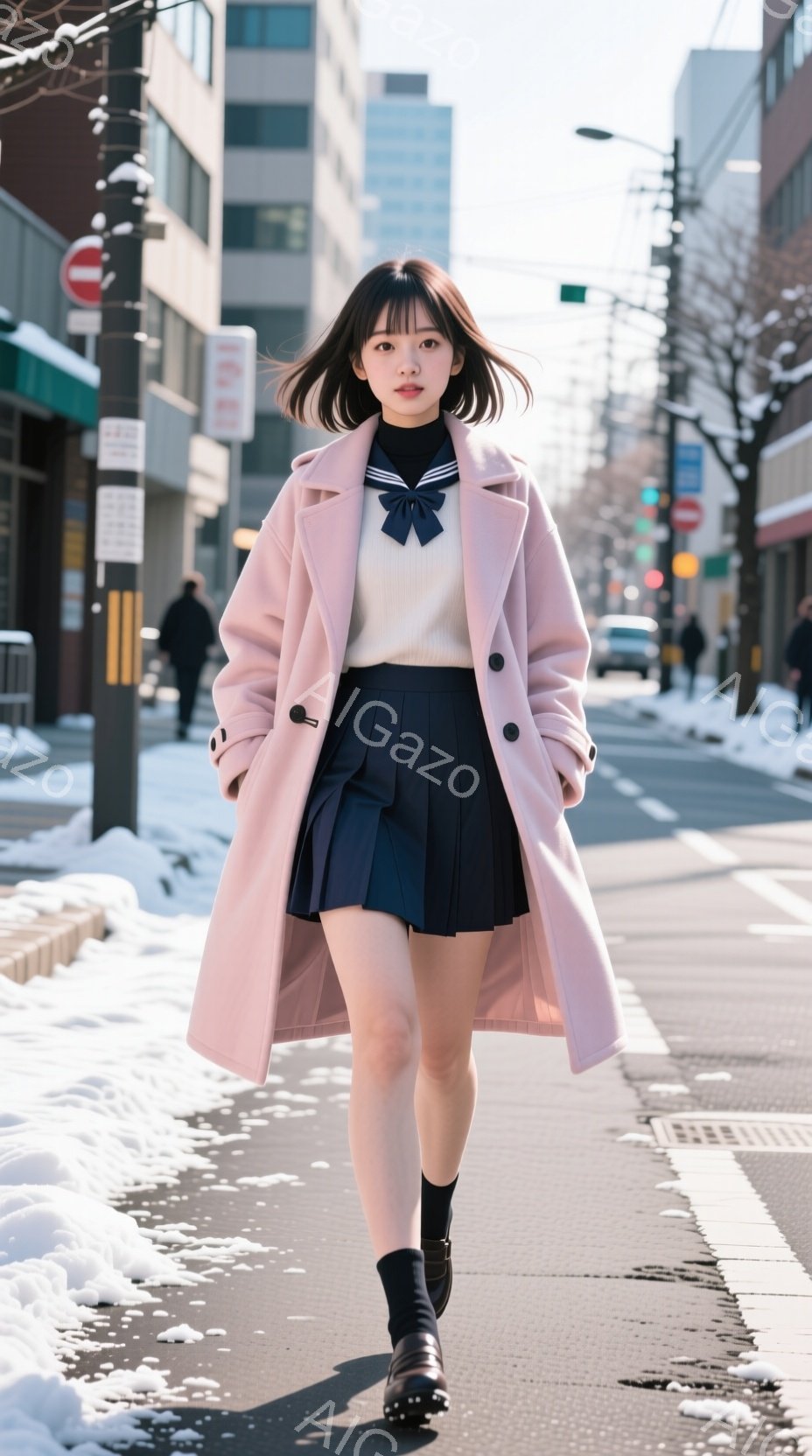 ピンク色のオーバーコートを羽織った若い女性が、紺色のプリーツスカートと白いブラウス、黒い靴下を履いて歩いている。彼女は前を見据え、少し微笑んでいるように見える、落ち着いた表情をしている。背景には建物や - AI生成フリー素材