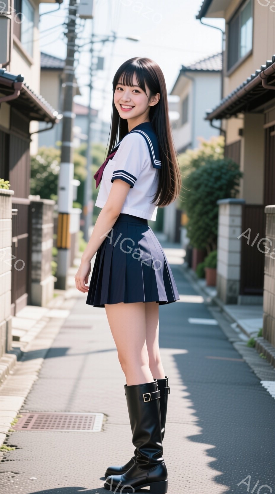 この女性は、紺色のプリーツスカートと白いセーラーシャツを着て、黒いロングブーツを履いています。彼女は少し微笑んでおり、まっすぐな姿勢で道路の真ん中に立っています。背景には、伝統的な日本の家並みが並び、晴れた日の穏やかな雰囲気が漂っています。