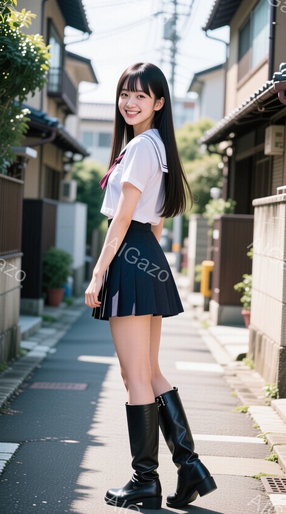画像は、制服を着た若い女性が、狭い路地でカメラに向かって微笑んでいます。彼女は白いブラウス、プリーツスカート、黒いロングブーツを着用しており、髪は長くストレートで、前髪があります。背景には木造の家々が並び、日差しが降り注ぎ、晴れた日の穏やかな雰囲気を醸し出しています。