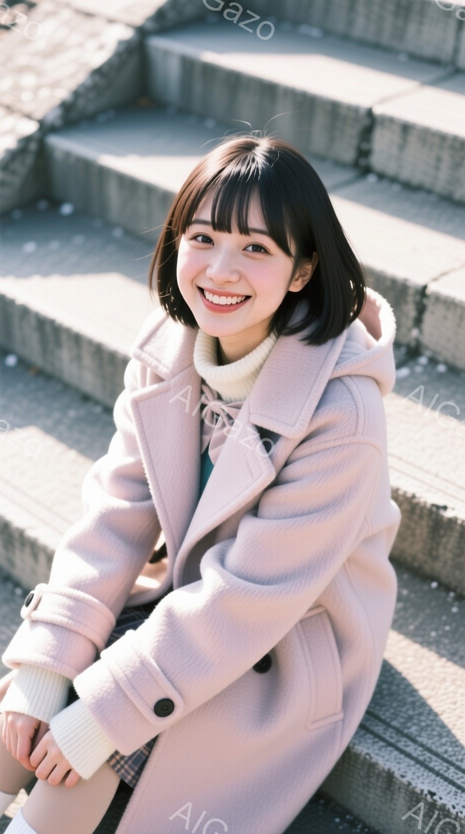 若い女性がコンクリートの階段に座り、カメラに向かって微笑んでいます。彼女はピンク色のコートにチェック柄のスカート、そして白いセーターを着ており、黒髪のショートヘアに整髪されています。背景には他の階段が - AI生成フリー素材