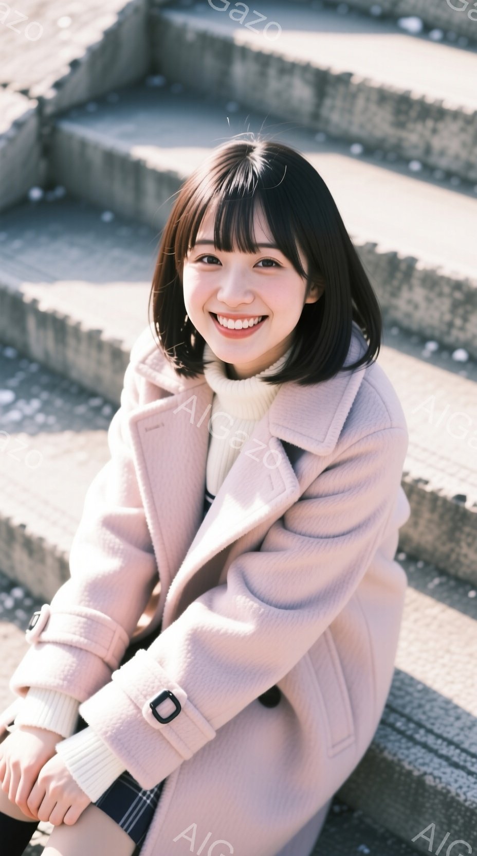 明るい笑顔を見せる若い女性が写っている。彼女はピンク色のコートと白いセーターを着ており、チェック柄のスカートを履いている。背景には石段があり、晴れた日の屋外で撮影された写真からは、暖かく穏やかな雰囲気 - AI生成フリー素材
