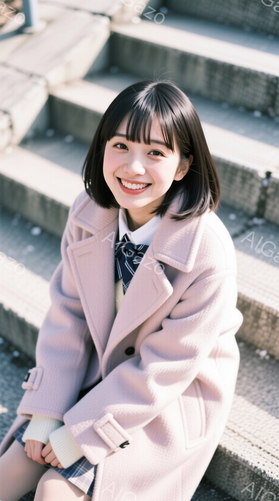 若い女性が屋外の階段に座っており、明るい笑顔を浮かべている。ピンク色のコートにチェック柄のスカート、ネクタイを着用しており、髪型は前髪をそろえたショートボブである。背景はコンクリートの階段で、日差しが - AI生成フリー素材