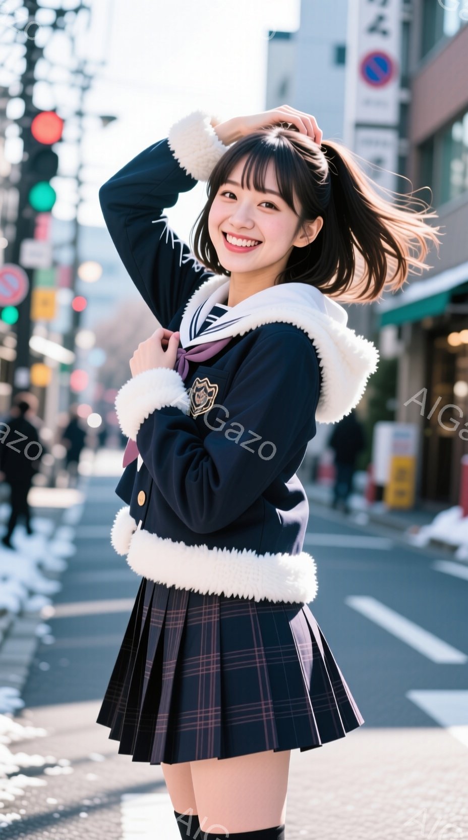 画像は、紺色と紫色のチェック柄のプリーツスカートと、白いフリルが付いた紺色のジャケットを着た若い女性が写っています。彼女は明るい笑顔を浮かべ、髪を軽く触りながら、横向きに立っています。背景には、道路、 - AI生成フリー素材