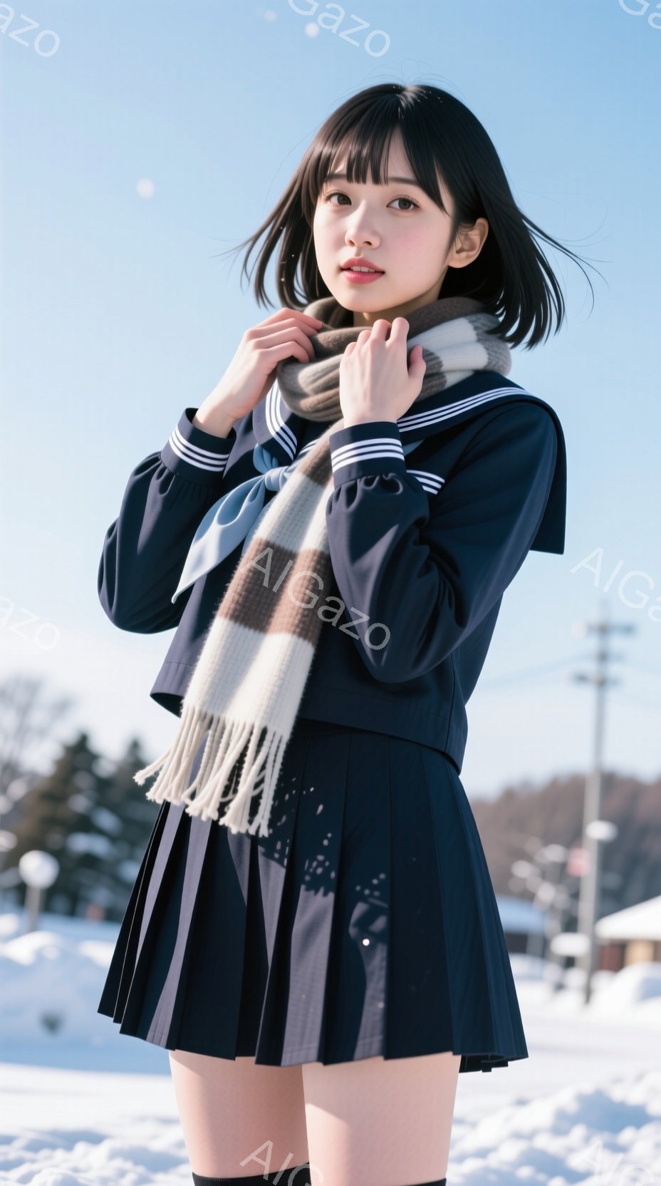画像は、紺色のセーラー服を着た若い女性が雪景色の中で立っている様子を捉えています。彼女は茶色のチェック柄のマフラーを巻き、控えめな笑顔を浮かべており、姿勢はやや緊張気味に見えます。背景には白い雪景色と - AI生成フリー素材