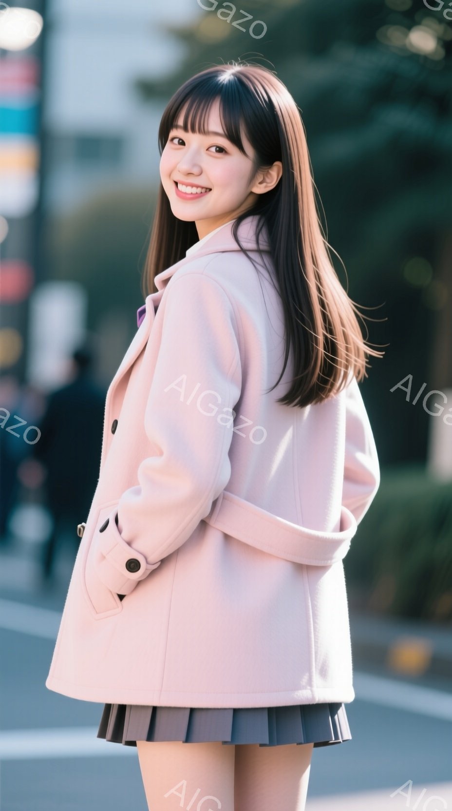 明るいピンク色のコートを着た若い女性が、微笑みを浮かべてこちらを見ている。彼女は黒いプリーツスカートを履いており、髪は肩までの長さで、前髪が特徴的だ。背景には、ぼやけた建物や木々が見え、晴れた日の屋外 - AI生成フリー素材