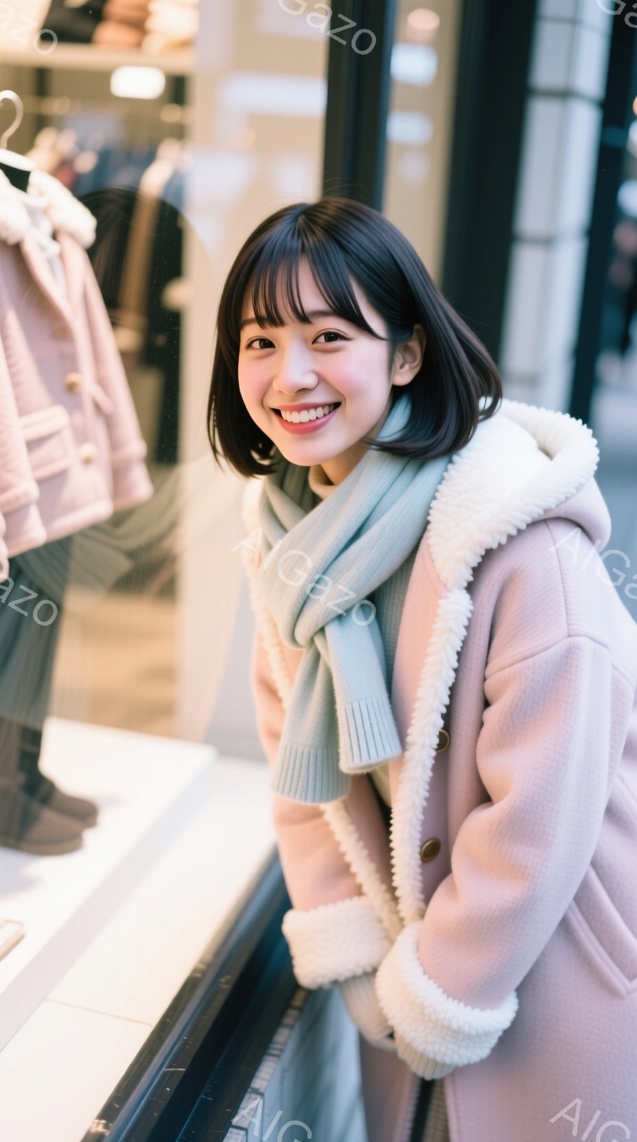 若い女性が、淡いピンク色のファー襟のコートと、水色のマフラーを身につけて、明るい笑顔でカメラを見ている。彼女は少し身を乗り出し、ショーウィンドウの前に立っている。背景には、他の衣類が飾られたショーウィ - AI生成フリー素材