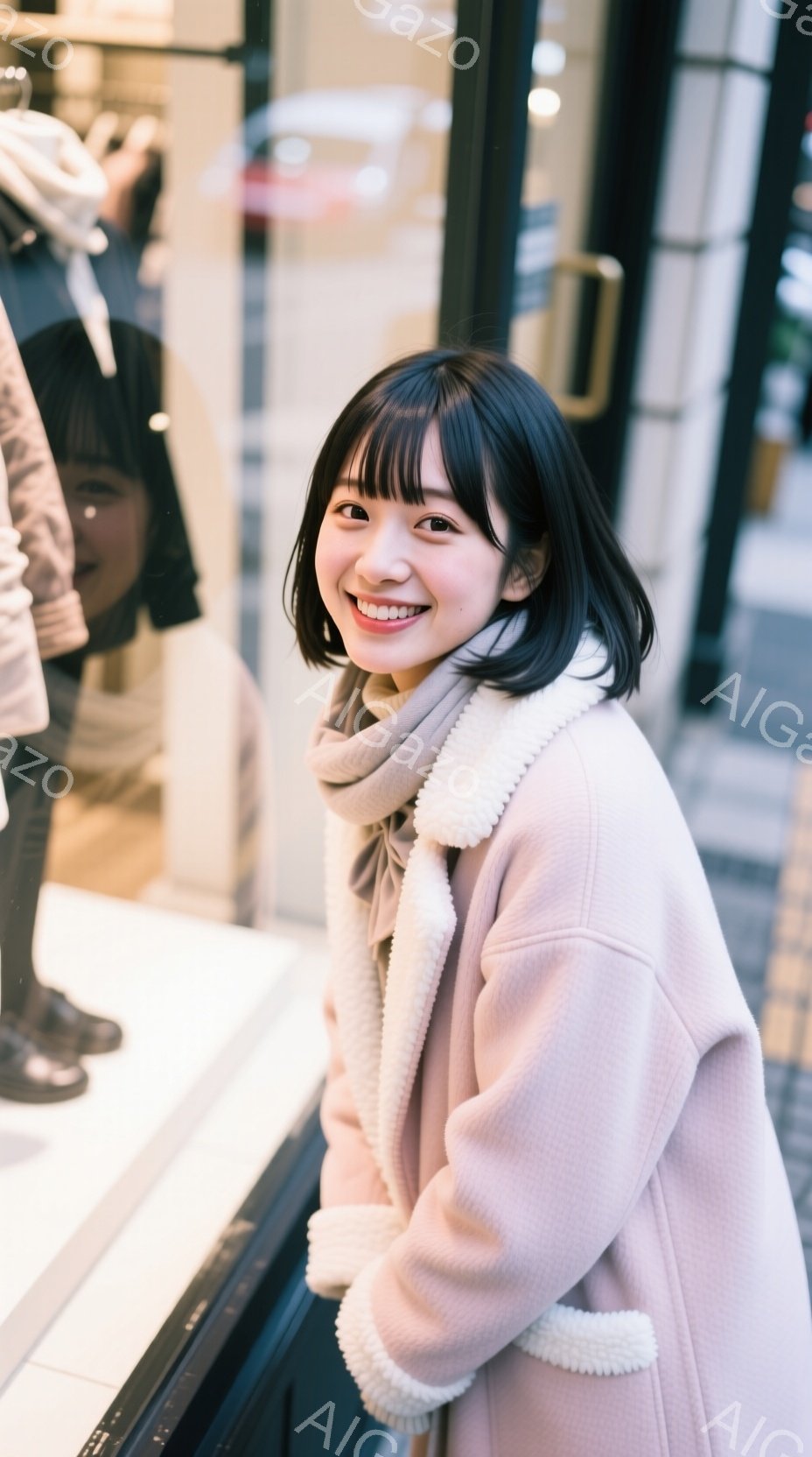 若い女性が、淡いピンク色のコートと白いマフラーを身に着け、カメラに向かって微笑んでいます。彼女は黒髪のストレートヘアで、前髪は目にかかるようにカットされています。背景にはショーウィンドウと、ぼやけた街並みが見え、全体的に柔らかく温かい雰囲気です。