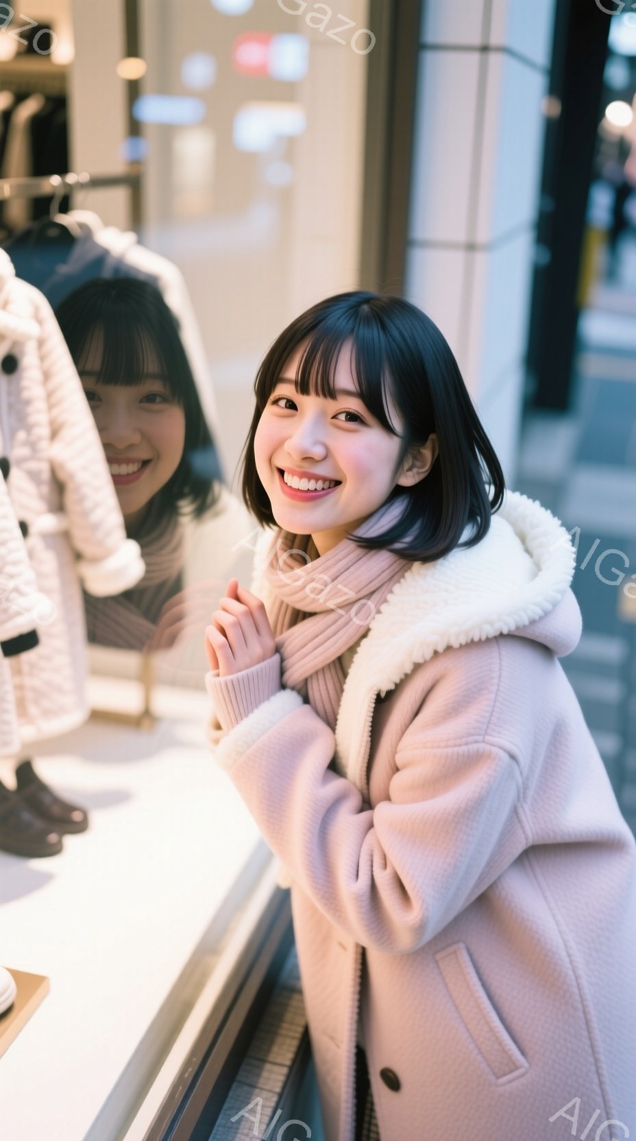 若い女性が窓の外を見つめ、微笑んでいます。彼女はピンク色のフード付きコートとマフラーを身に着け、ダークブラウンのショートヘアに整えられています。背景には、ぼやけた街並みとショーウィンドウの反射が見え、暖かく穏やかな雰囲気です。