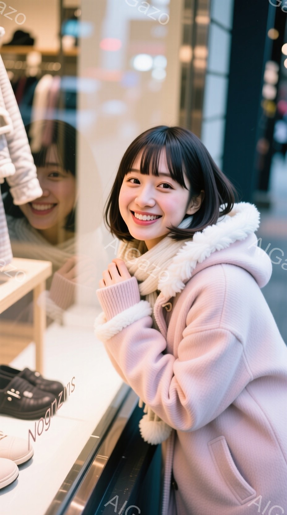 若い女性がピンク色の厚手のコートと白い毛皮の縁取りのあるパーカーを着て、微笑んでいます。彼女は肩を組んで少し体を傾け、楽しそうな表情をしています。背景には、商品の陳列されたウィンドウと、ぼやけた街並み - AI生成フリー素材