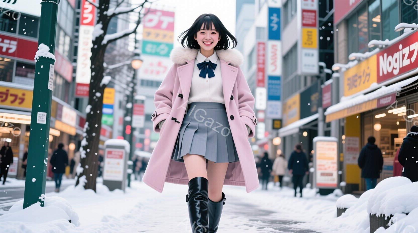 雪が降る街中で、ピンク色のファー付きコートとグレーのプリーツスカートを身に着けた女性が写っています。彼女は黒いニーハイブーツを履き、白いブラウスにリボンを締めており、笑顔でカメラの方を見ています。背景には商店や建物が並び、冬の街並みを形成しており、全体的に明るく華やかな雰囲気です。