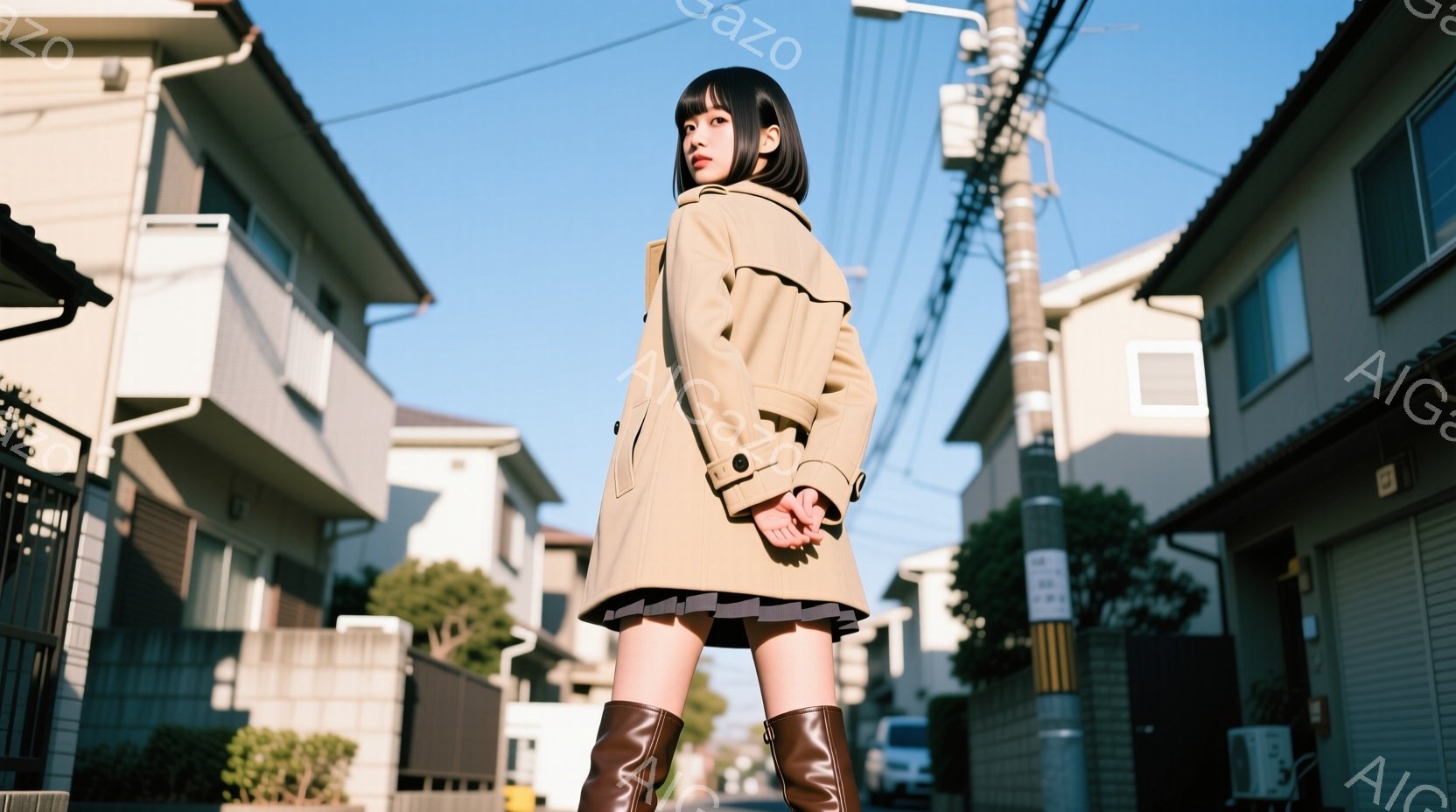 画像は、ベージュ色のトレンチコートと黒のミニスカート、膝丈のブーツを着用した女性が写っています。彼女は後ろ向きに立ち、少し顎を上げ、自信に満ちた表情をしています。背景には住宅街が広がり、晴れた青空の下 - AI生成フリー素材