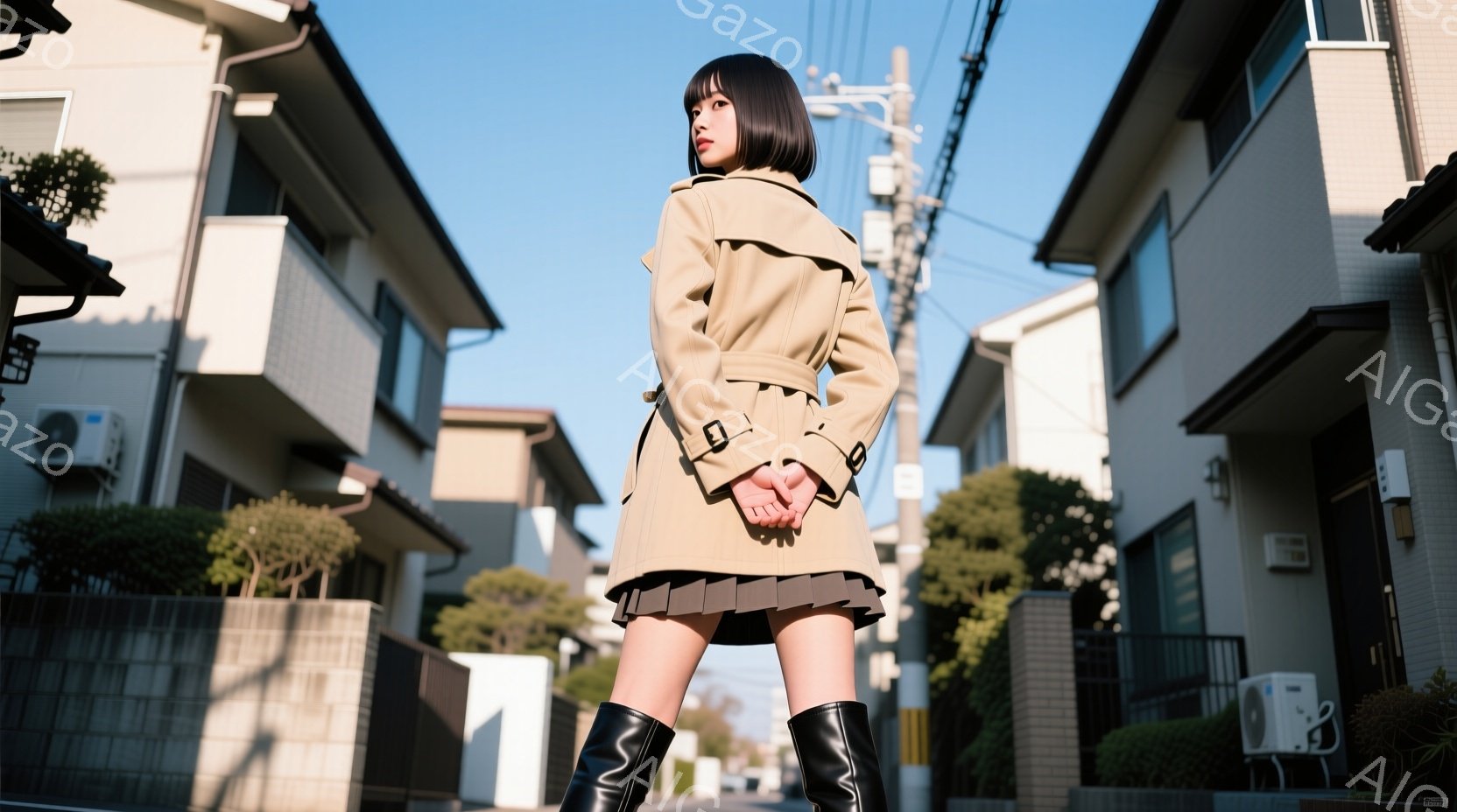 明るい晴れた日に、茶色のトレンチコートとプリーツスカート、黒いニーハイブーツを身に着けた女性が、住宅街の道路を歩いている後ろ姿が捉えられている。彼女は髪を肩まで伸ばし、後ろで軽くまとめており、姿勢はやや猫背で、両手は背中に組んでいる。背景には整然と並んだ住宅と、緑の生垣、そして青空が広がっており、全体的に穏やかで日常的な雰囲気が漂っている。