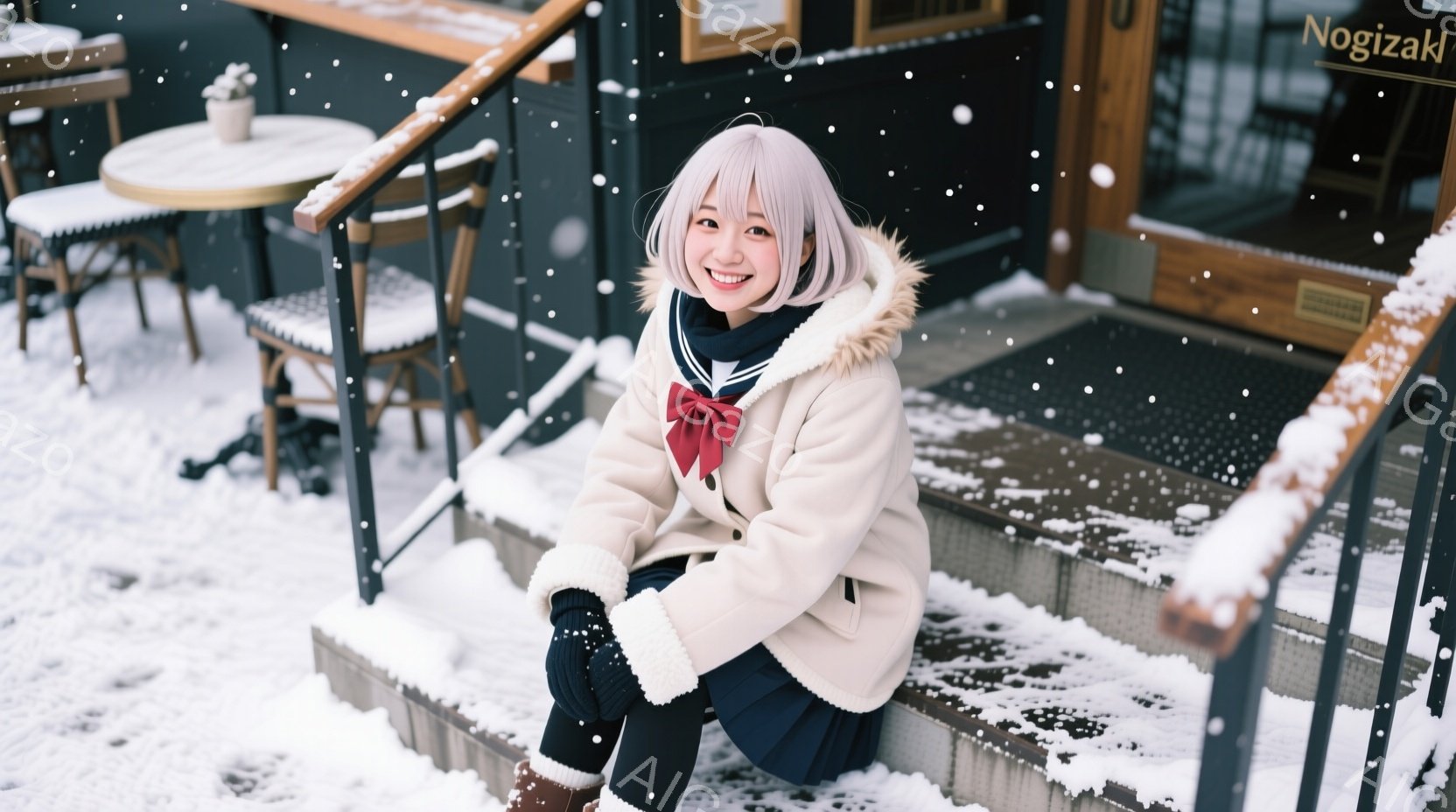 白いショートヘアの女性が、雪が降る中で階段に座っています。彼女はクリーム色のファー付きのジャケットと紺色のスカートを着用し、膝を抱えて微笑んでいます。背景には、雪で覆われたカフェのテーブルと椅子、そし - AI生成フリー素材