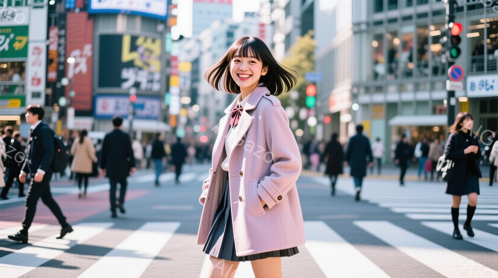 若い女性が横断歩道で笑顔で立っており、ピンク色のコートとプリーツスカート、そして白いブラウスを着用しています。彼女は前髪を下ろしたショートボブヘアで、明るい表情をしています。背景には高層ビルが立ち並び - AI生成フリー素材