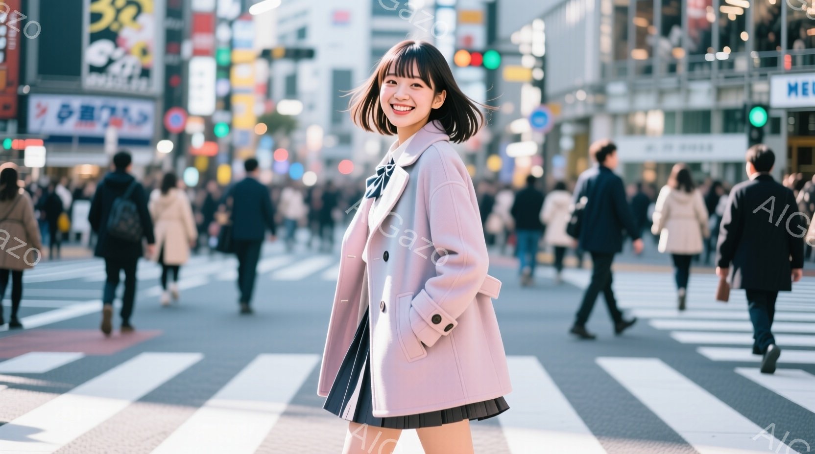 若い女性が渋谷のスクランブル交差点でカメラに向かって微笑んでいます。彼女はピンク色のコート、黒いスカート、そして肩までの長さのヘアスタイルで、表情は明るく、前向きです。背景には多くの歩行者や高層ビルが見え、晴れた日の賑やかな街の雰囲気が伝わってきます。