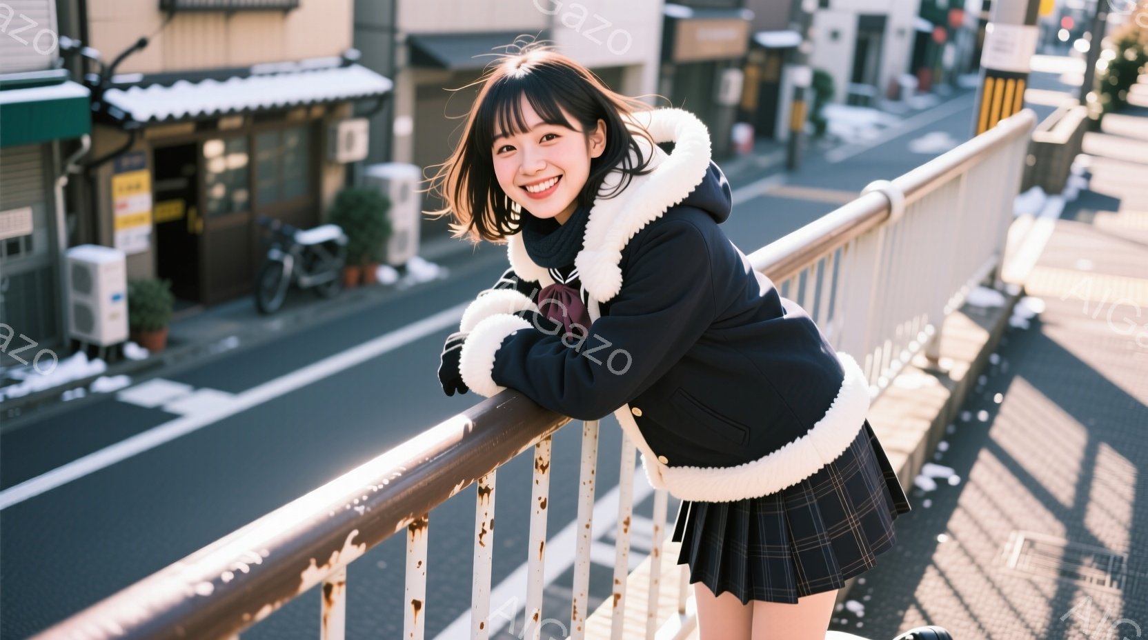 明るい笑顔を浮かべた若い女性が、手すりに寄りかかって写っています。彼女は黒いファー付きのジャケットとチェック柄のスカートを着用し、髪は短く茶色で、前髪があります。背景には、住宅街の道路と建物が見え、日差しが暖かく、冬の穏やかな午後のような雰囲気です。