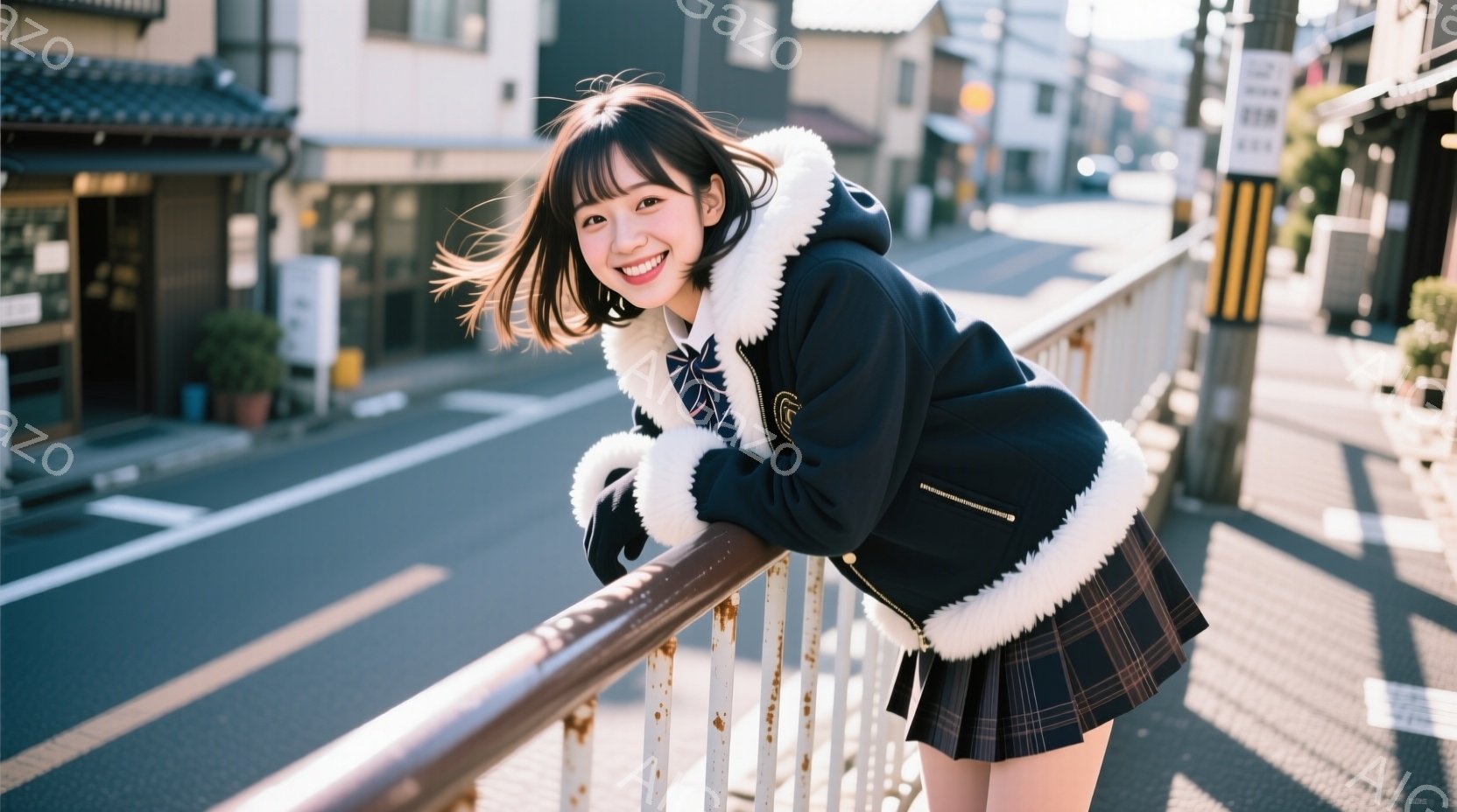若い女性がチェックのスカートと黒いファー付きのジャケットを着て、少し傾いた姿勢で金属製の柵にもたれている。彼女は笑顔で、明るい茶色の長い髪が風になびいている。背景には、日本の住宅街の通りが広がり、晴れた空の下、日差しが降り注いでいる。