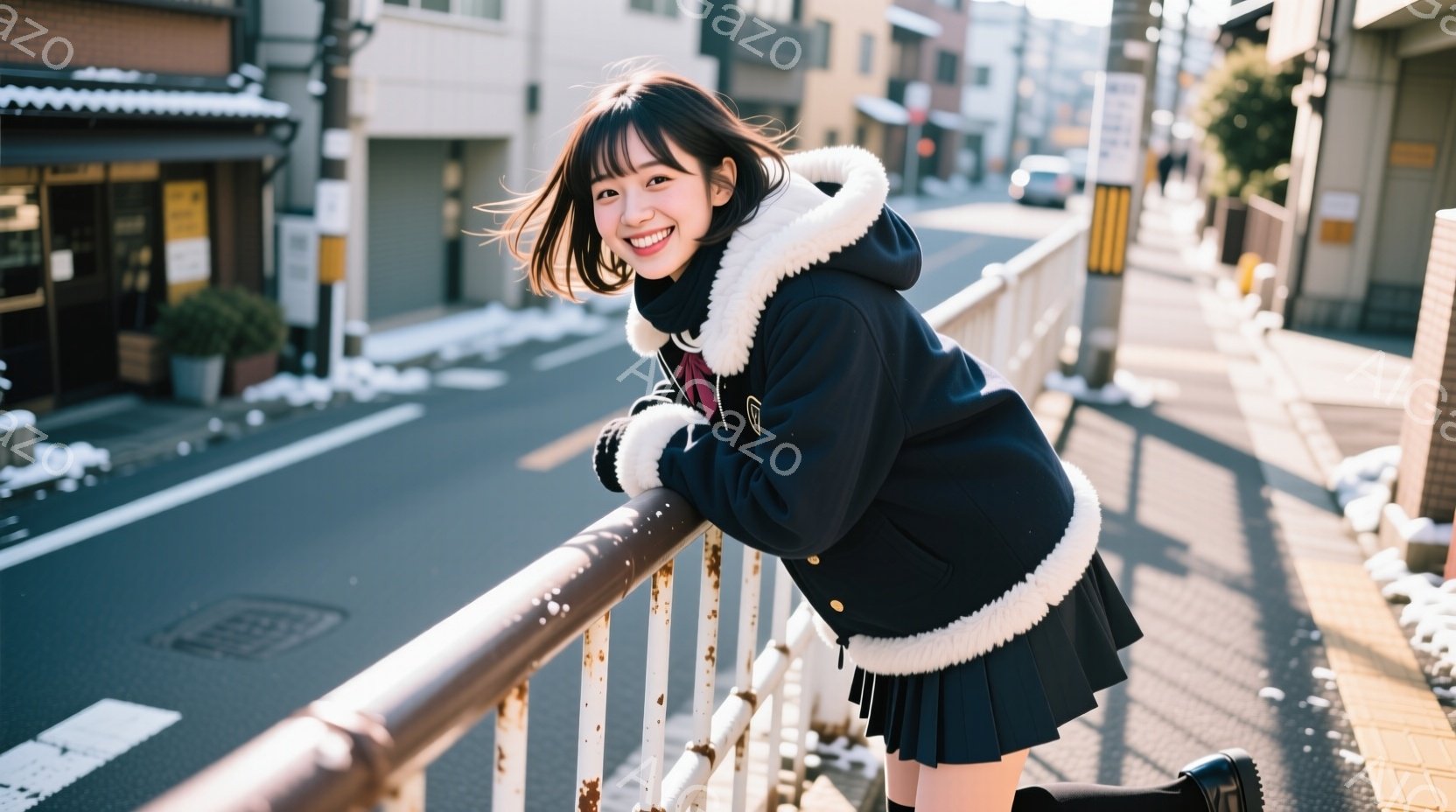 画像には、制服を着た若い女性が写っています。彼女は黒いフリル付きのジャケットとプリーツスカート、そして白い靴下を履いています。笑顔で欄干にもたれかかっており、背景には日本の街並みと、わずかに雪が積もった建物が見えます。