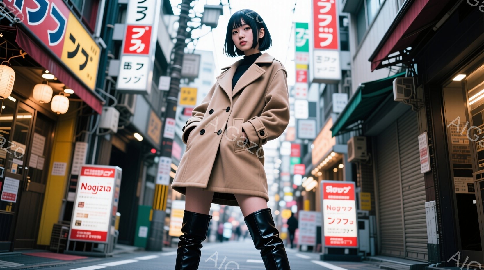 茶色のオーバーサイズコートと黒いニーハイブーツを着用した若い女性が、狭い路地に立っている。彼女は少し下を見ているようで、表情はあまり読めないが、落ち着いた雰囲気がある。背景には、看板や店舗が並び、少し薄暗い路地裏の雰囲気と、彼女のファッションが際立っている。
