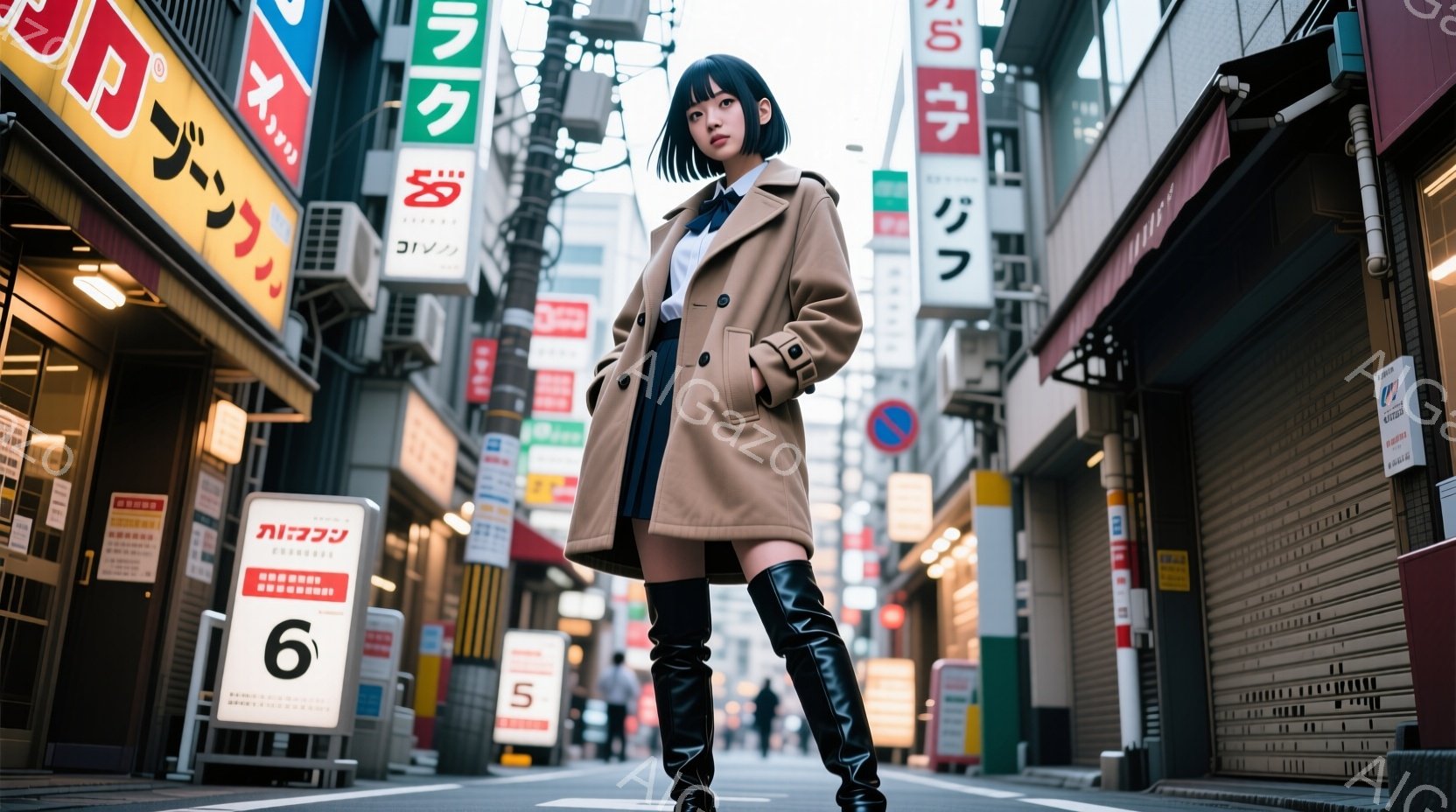 彼女はベージュ色のショート丈コート、白いブラウス、黒いミニスカート、黒いニーハイブーツを着用しています。少し微笑み、自信のある表情で正面を見つめており、姿勢はまっすぐで堂々としています。背景は狭い路地で、様々な看板や商店が密集しており、やや曇り空の下で都会的な雰囲気を醸し出しています。